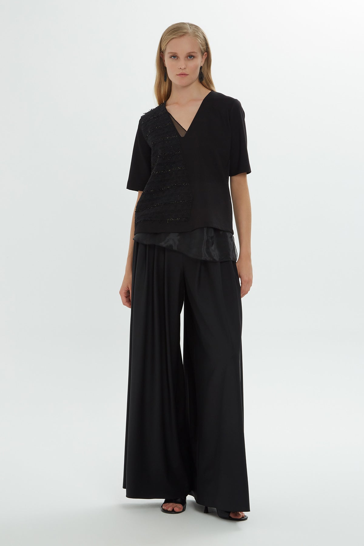 Black Organza Panel V-Neck Blouse