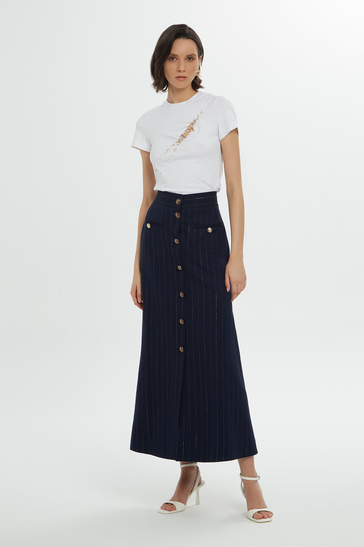 Navy Striped Cotton Midi Skirt
