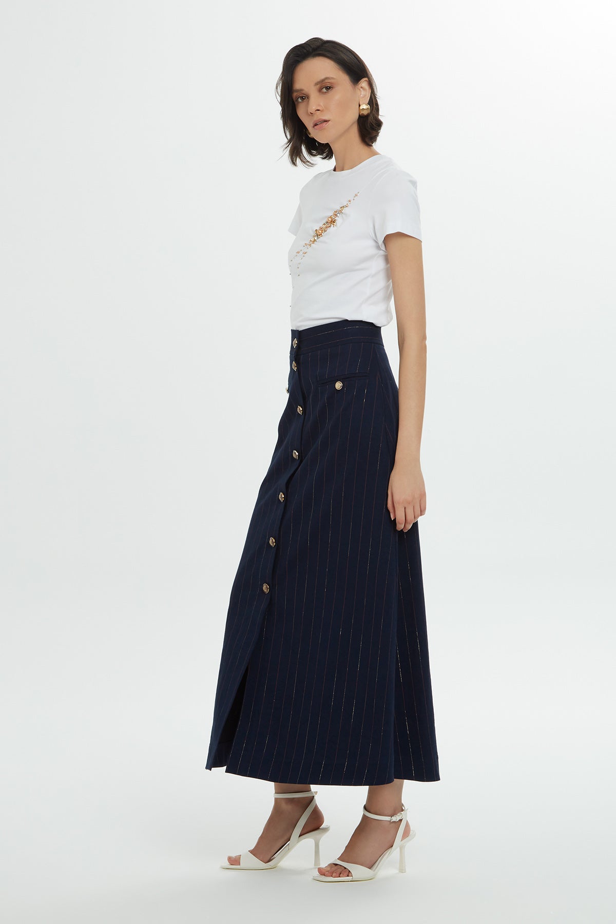 Navy Striped Cotton Midi Skirt