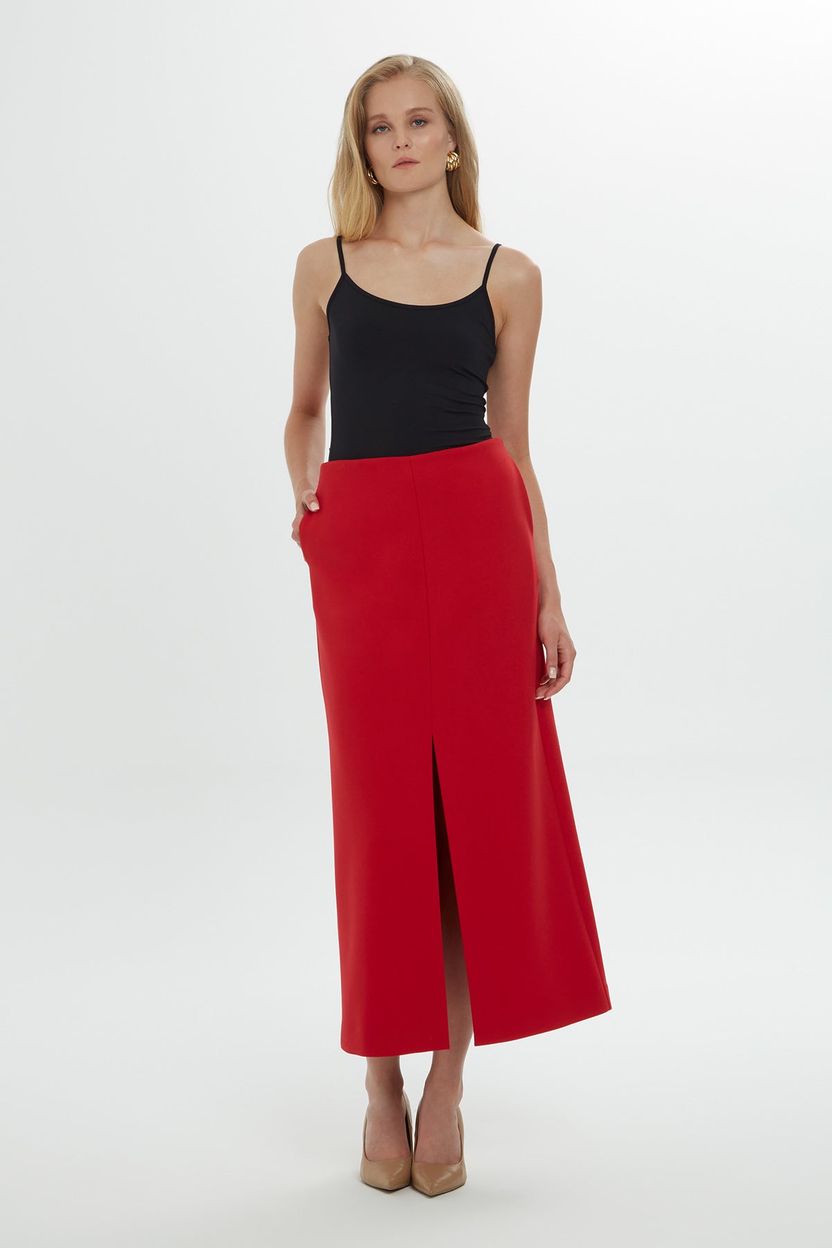 Red Pocketed Slit-Detail Midi Skirt