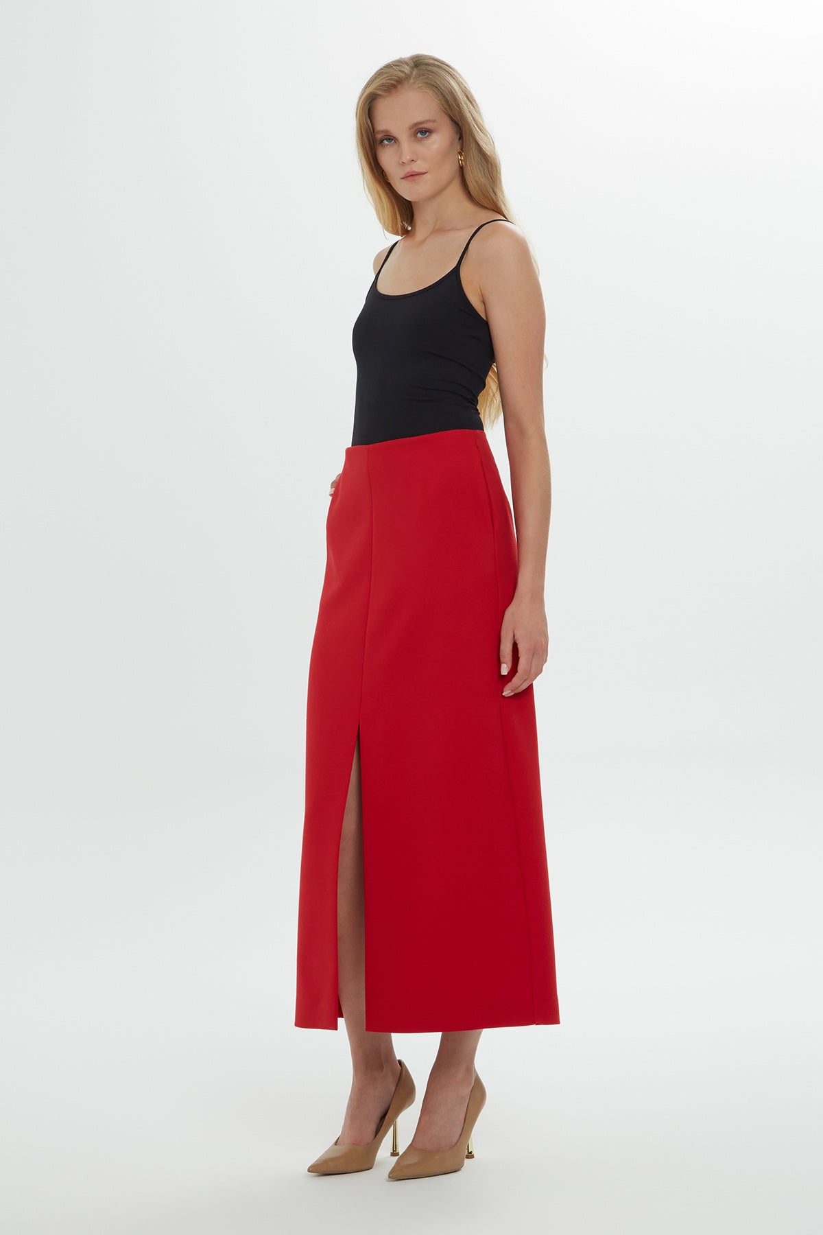 Red Pocketed Slit-Detail Midi Skirt
