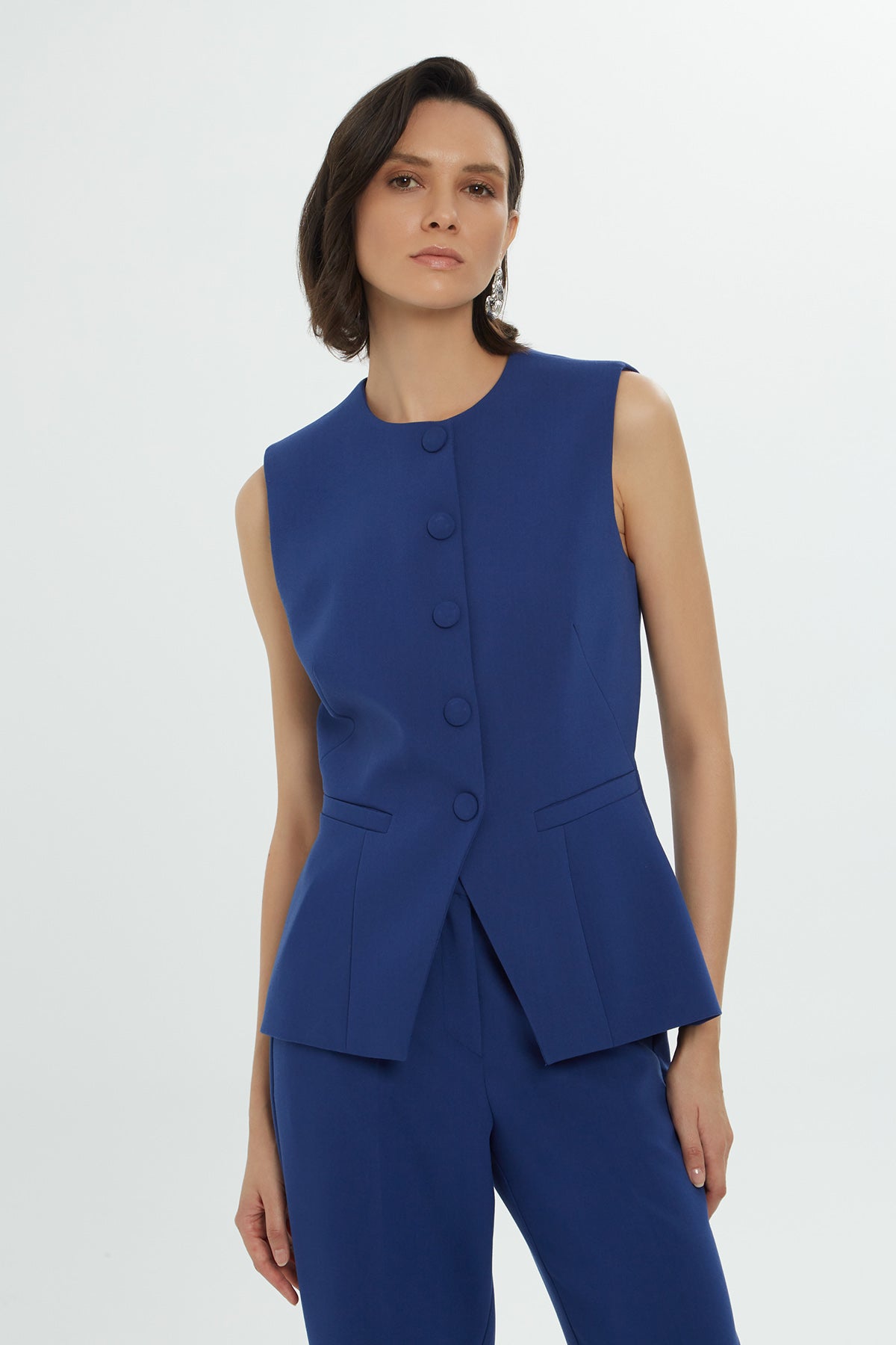 Blue Single-Closure Lined Woven Vest