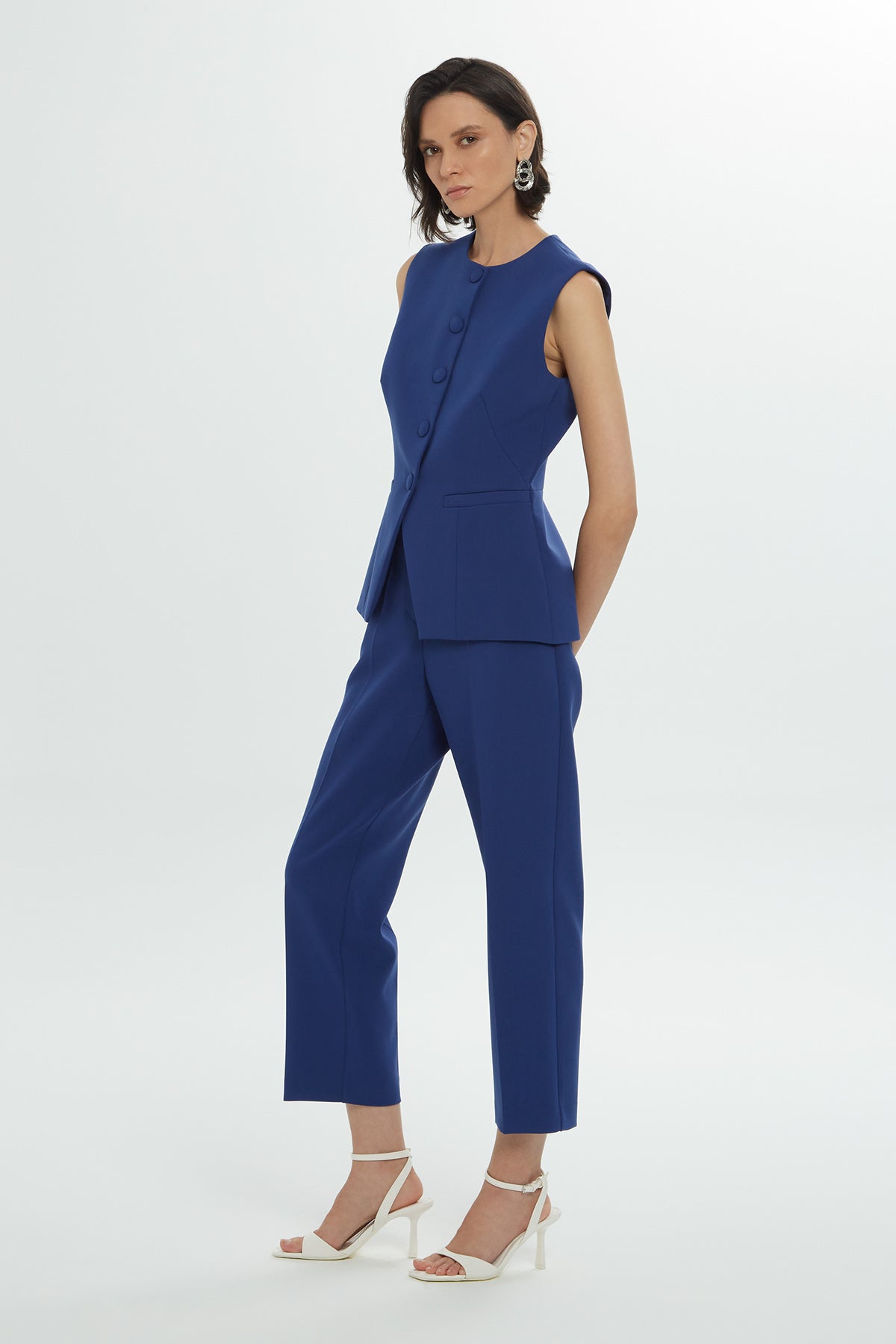 Blue Single-Closure Lined Woven Vest