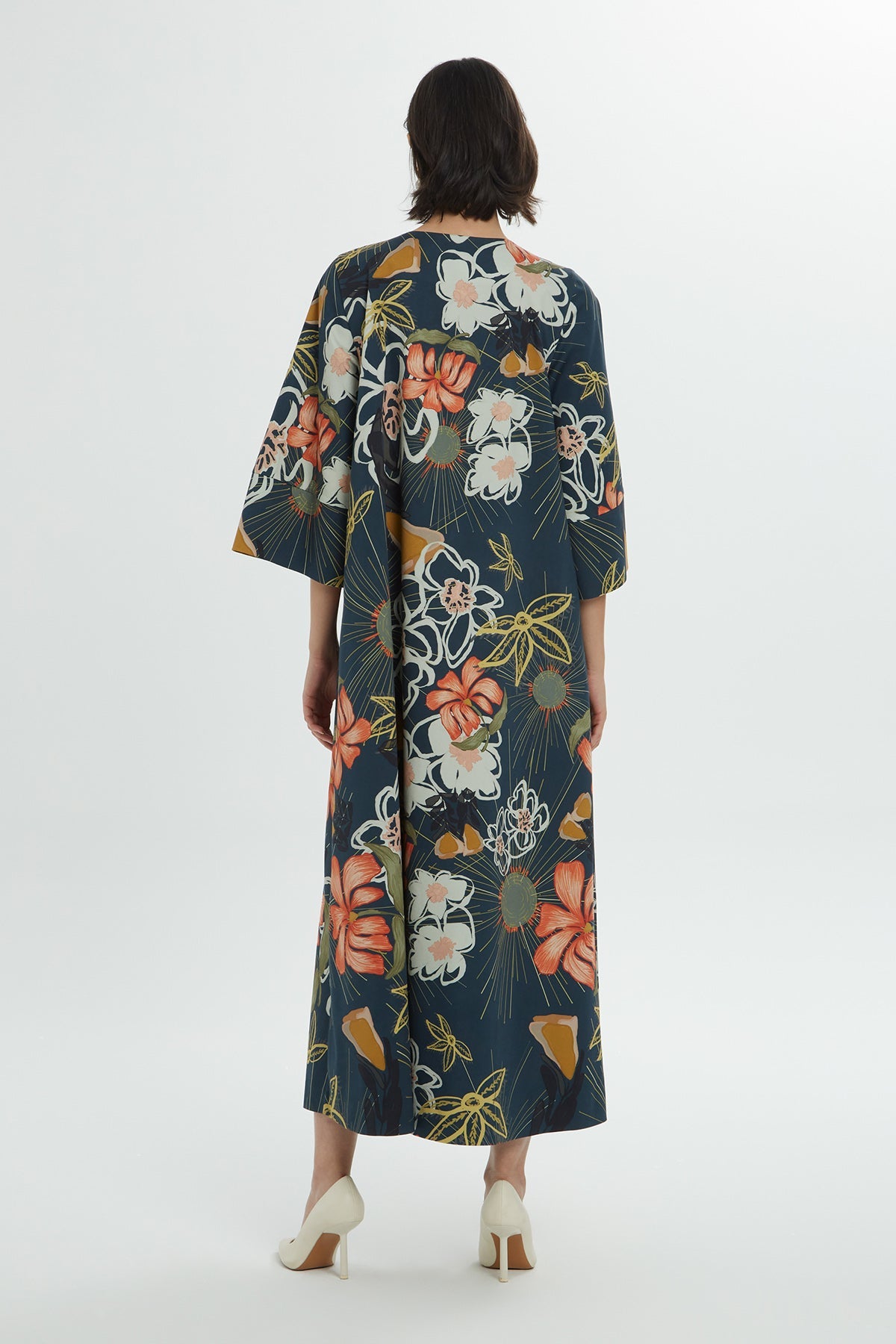 Navy Floral-Patterned Midi Dress