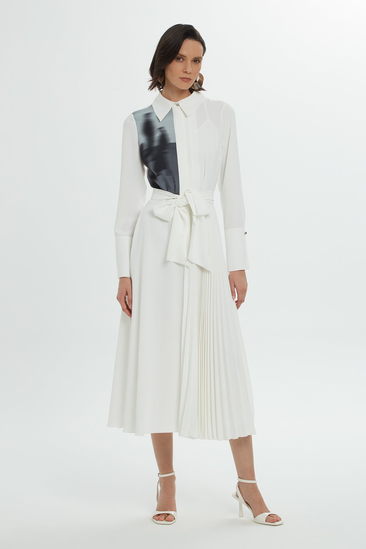 Ecru Sash-Detail Patterned Midi Dress