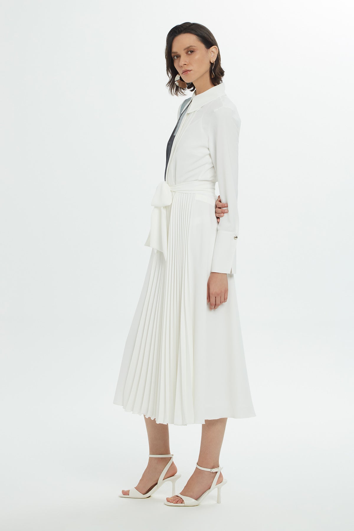 Ecru Sash-Detail Patterned Midi Dress