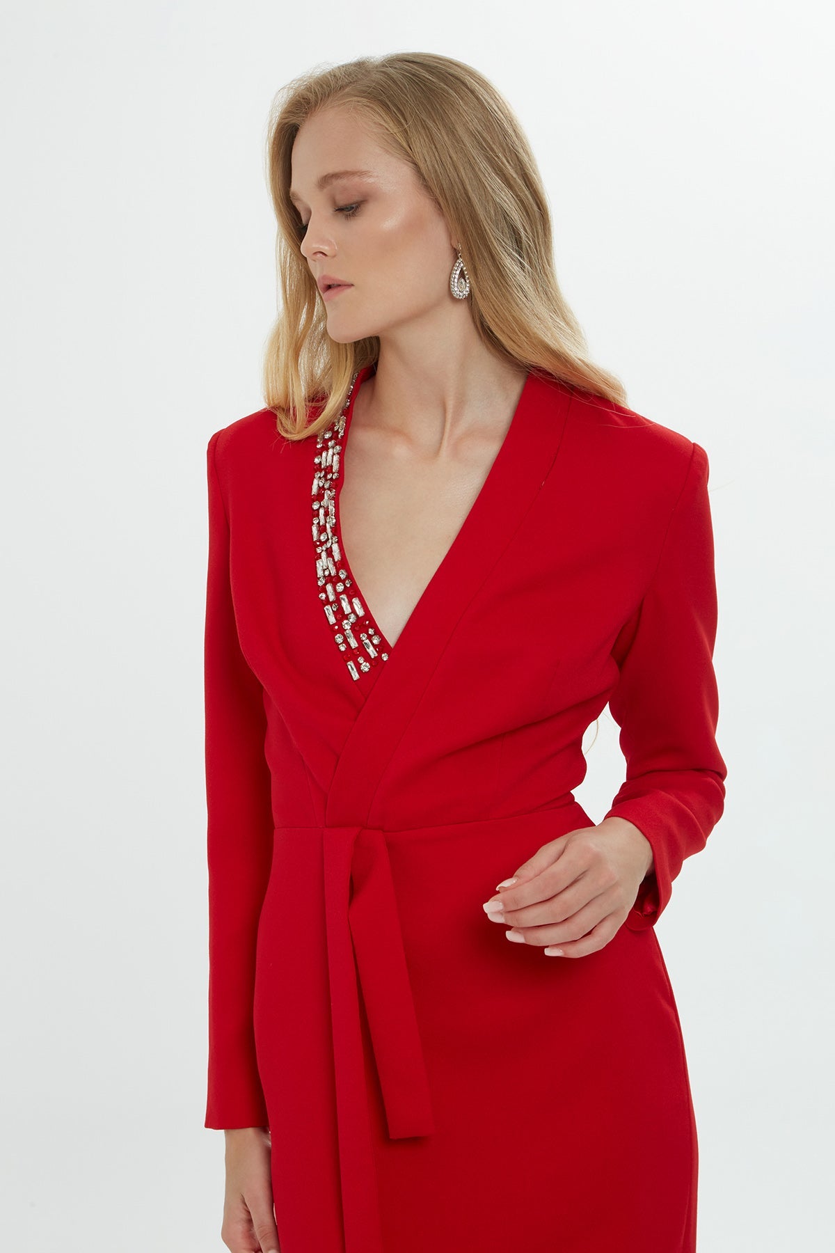 Red Embroidered-Collar V-Neck Maxi Dress