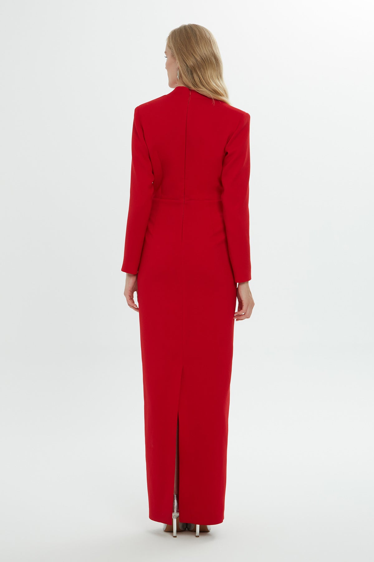 Red Embroidered-Collar V-Neck Maxi Dress