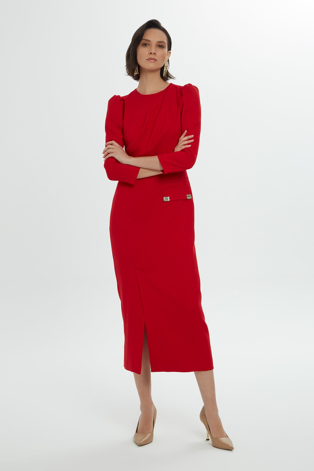 Red Midi Long Sleeved Dress