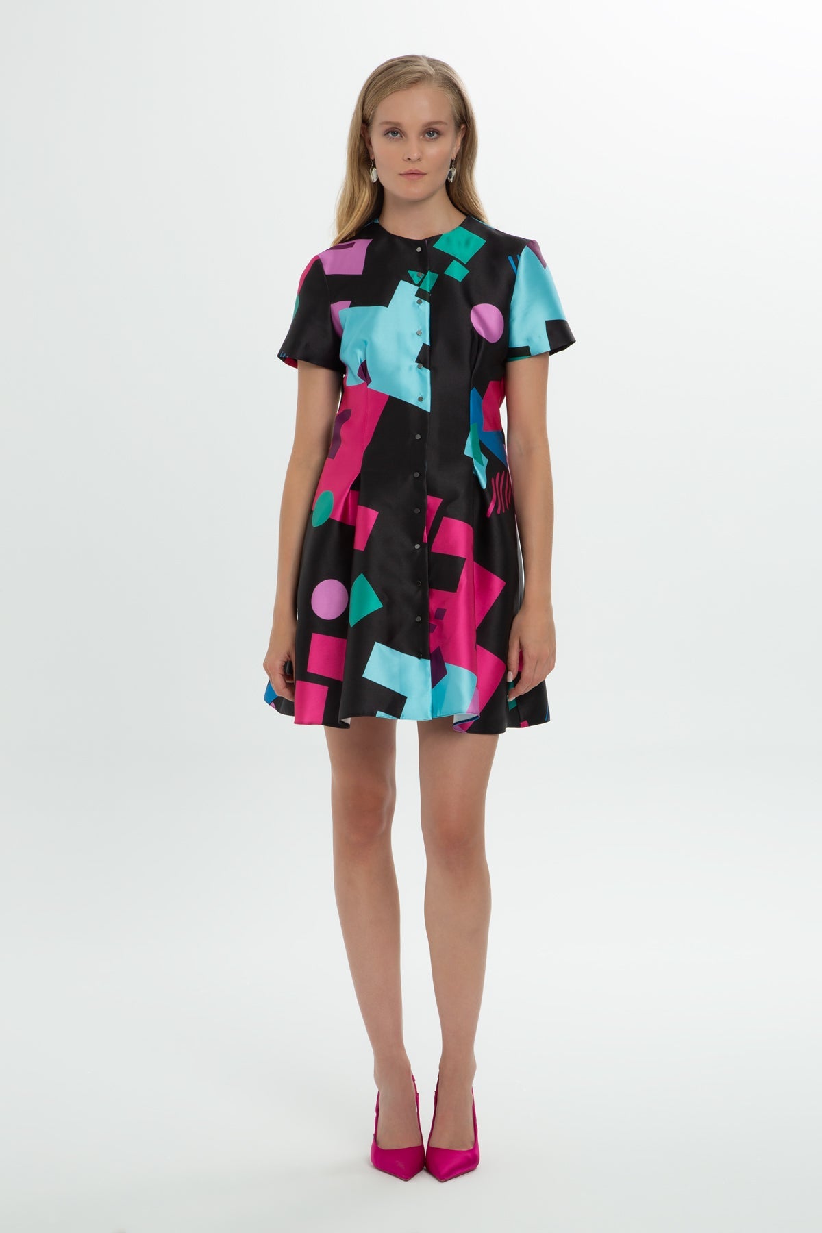 Patterned Short-Sleeve Mini Dress