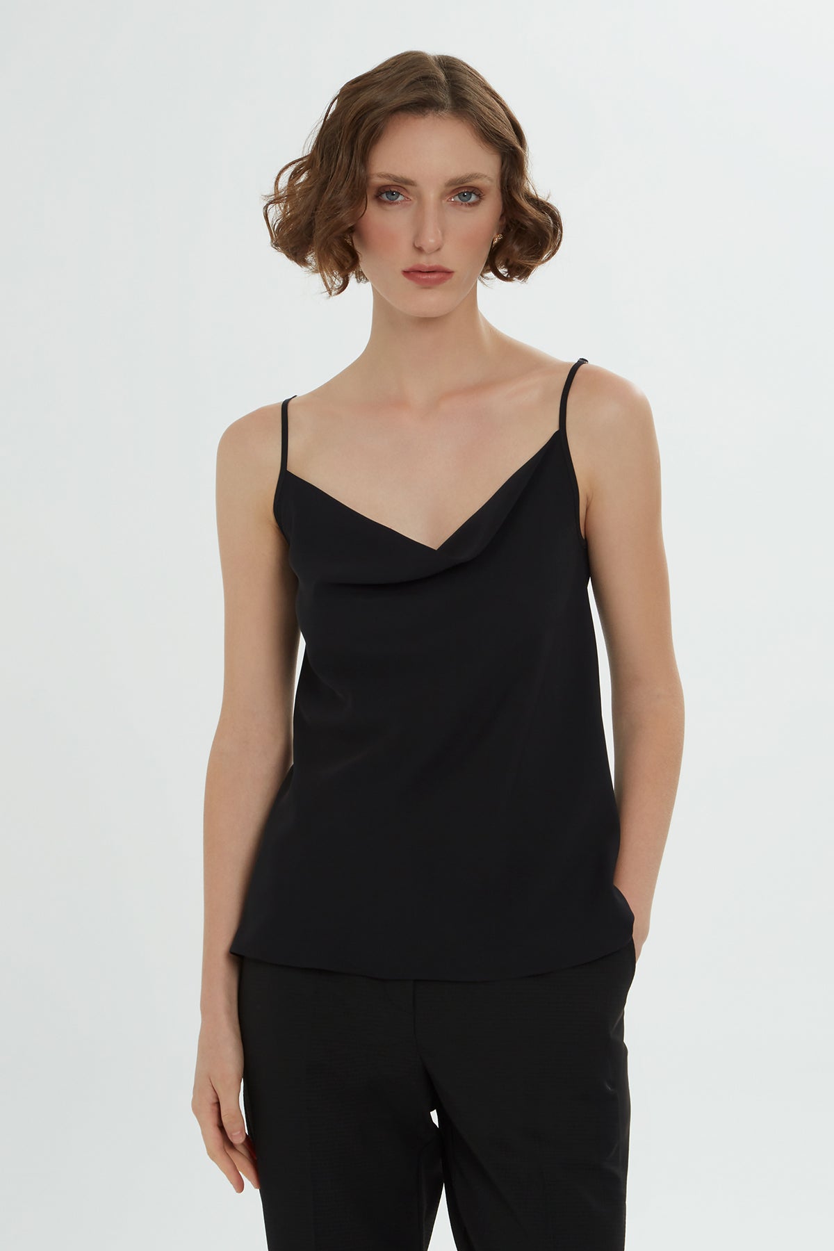 Black Drape Neck Strappy Blouse