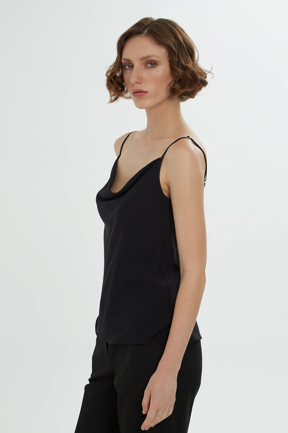 Black Drape Neck Strappy Blouse
