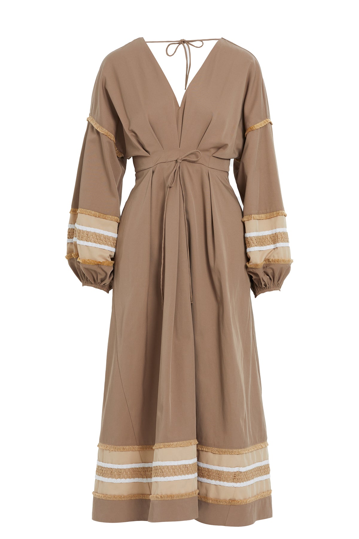 Brown Gathered-Sleeve Midi Dress