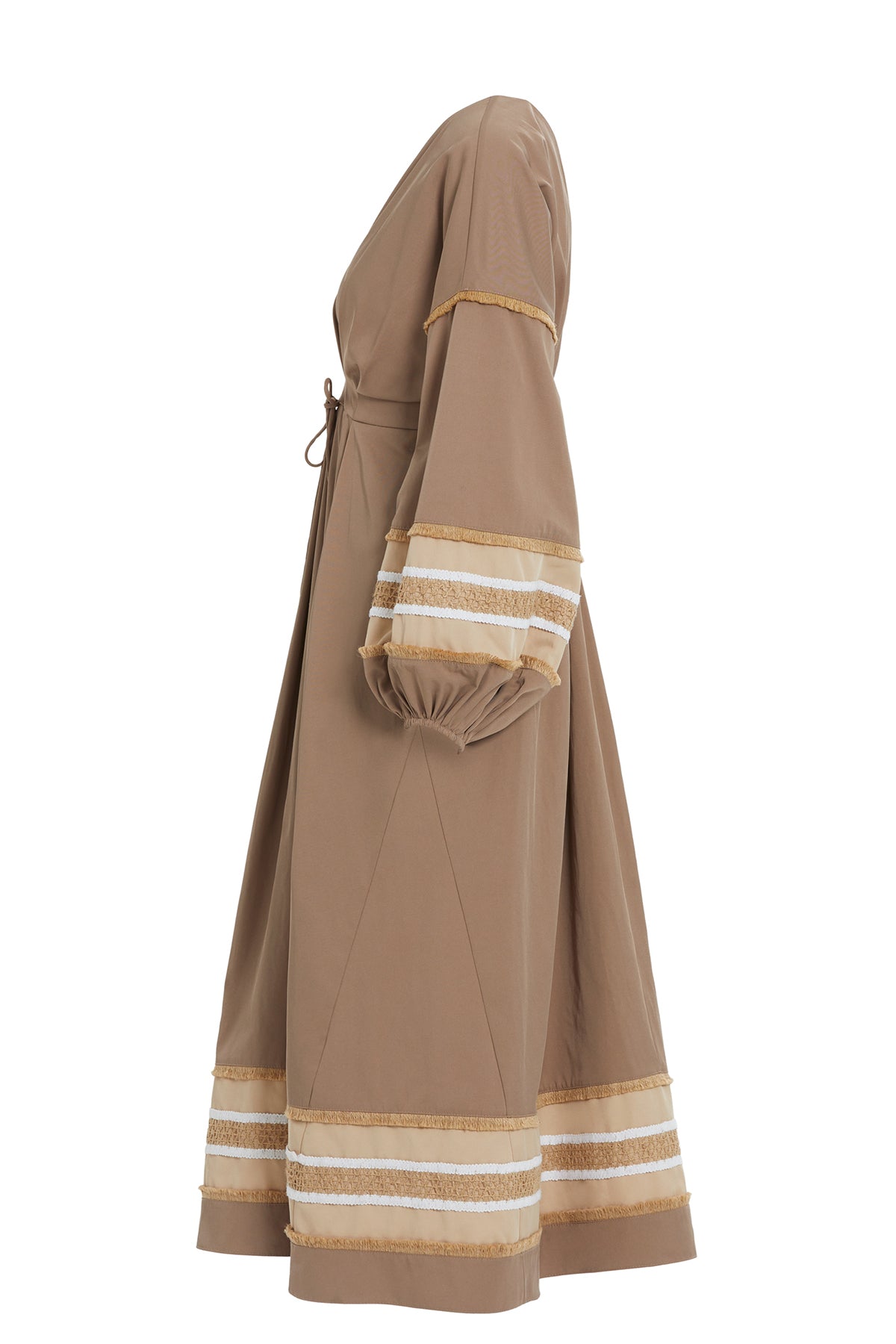 Brown Gathered-Sleeve Midi Dress