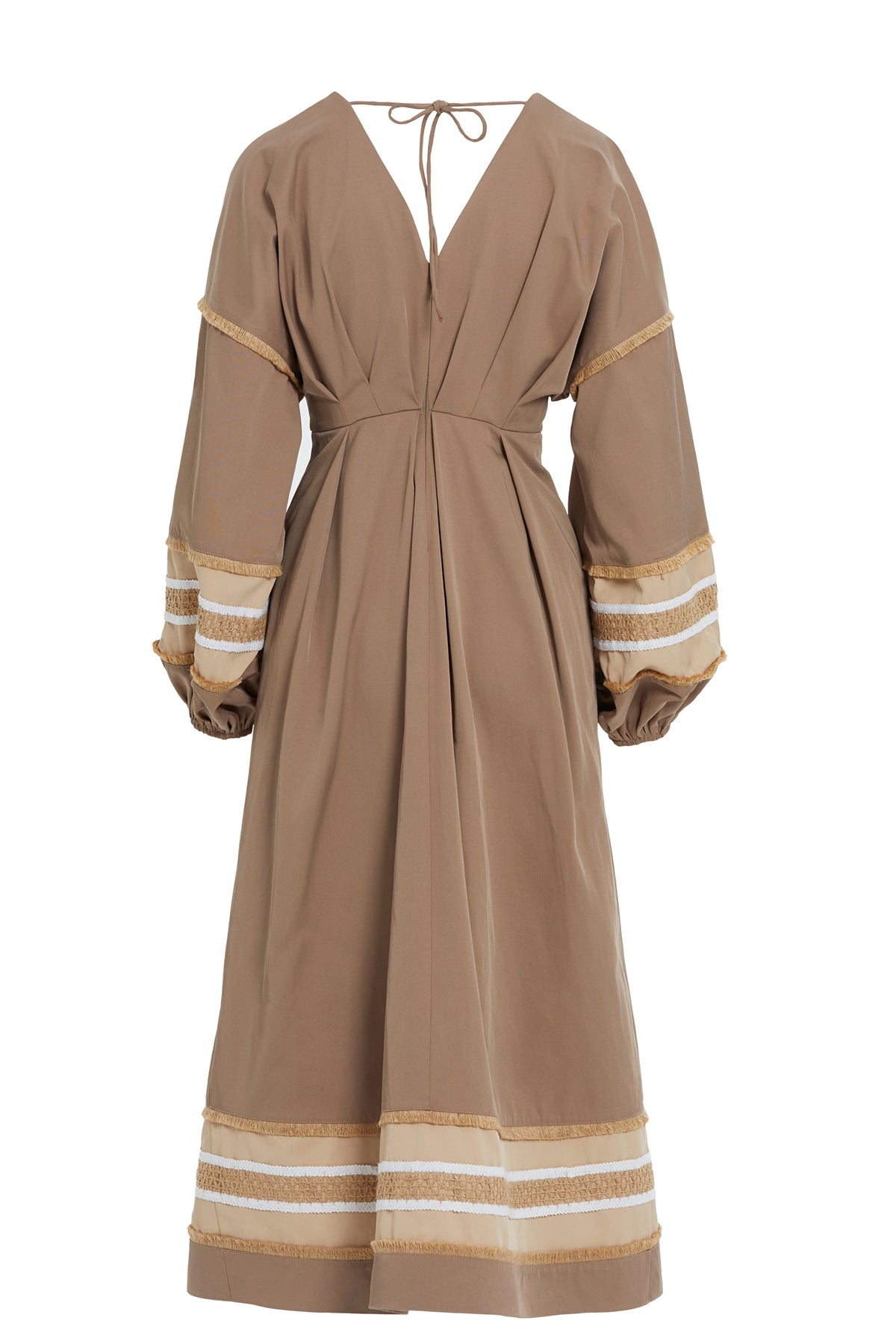 Brown Gathered-Sleeve Midi Dress