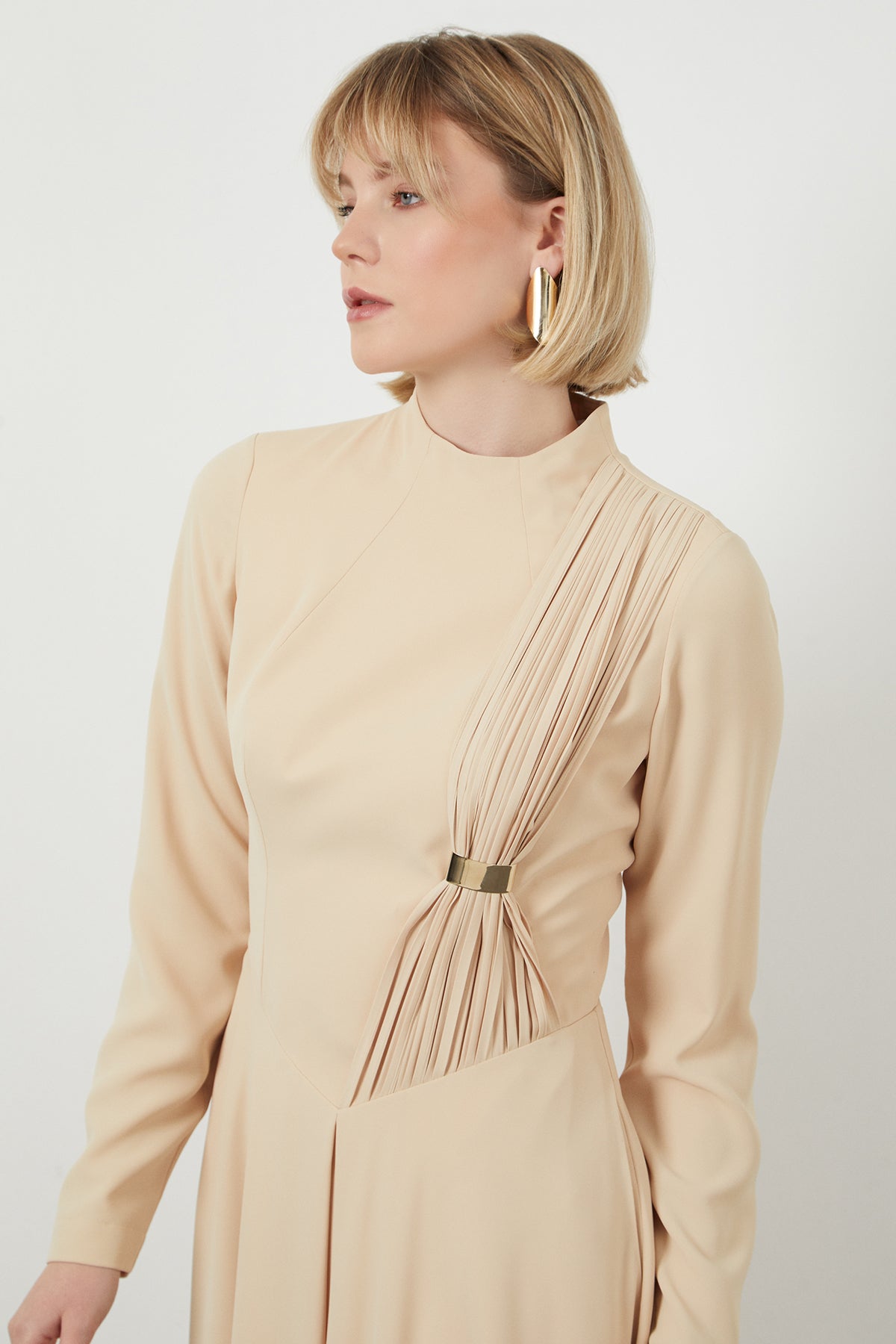 Beige Midi Mock Neck Dress