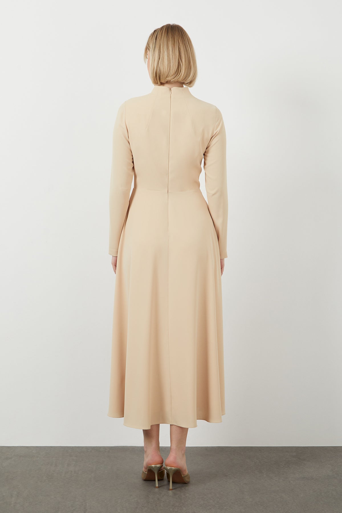 Beige Midi Mock Neck Dress