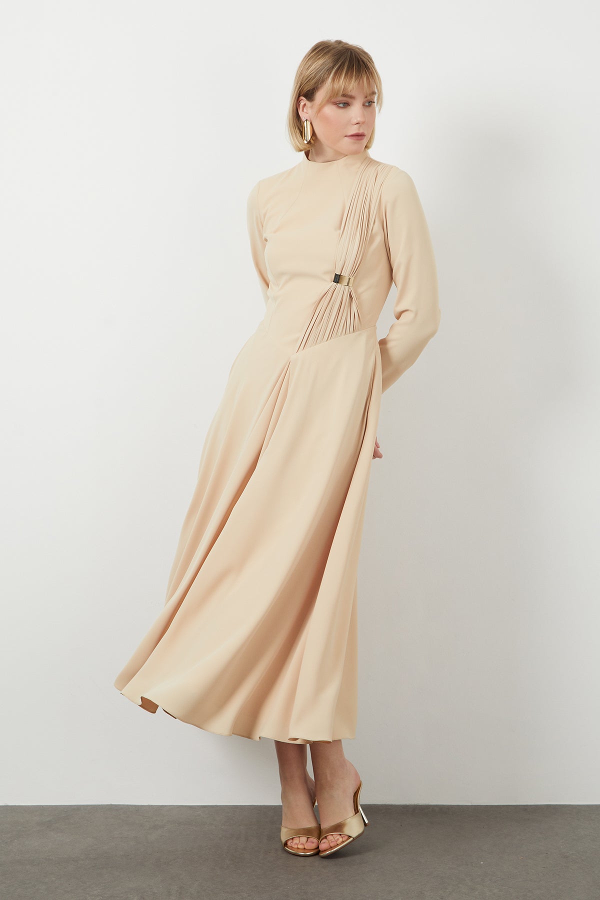 Beige Midi Mock Neck Dress
