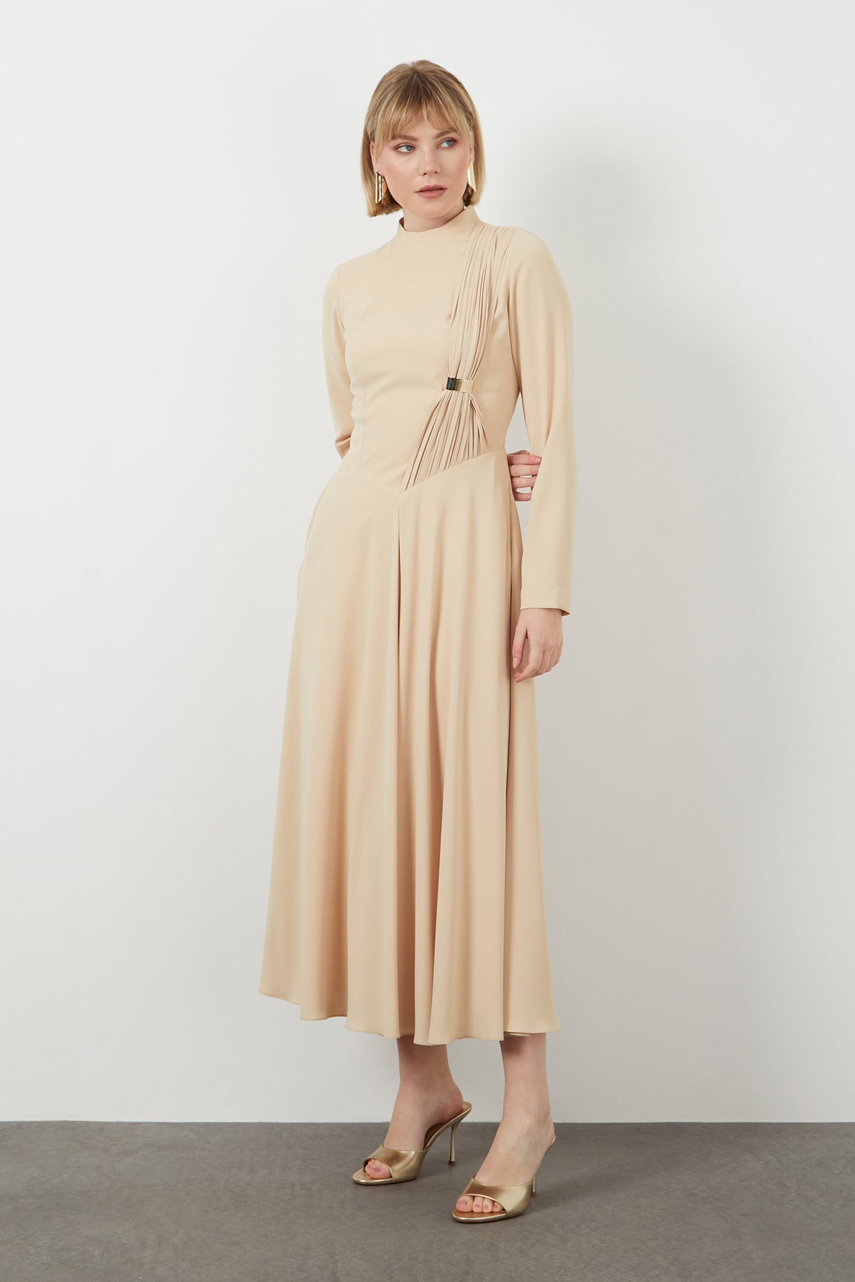 Beige Midi Mock Neck Dress