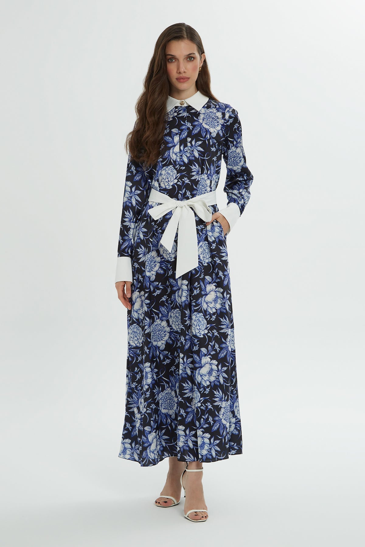 Shirt Collar Patterned Midi  Dress