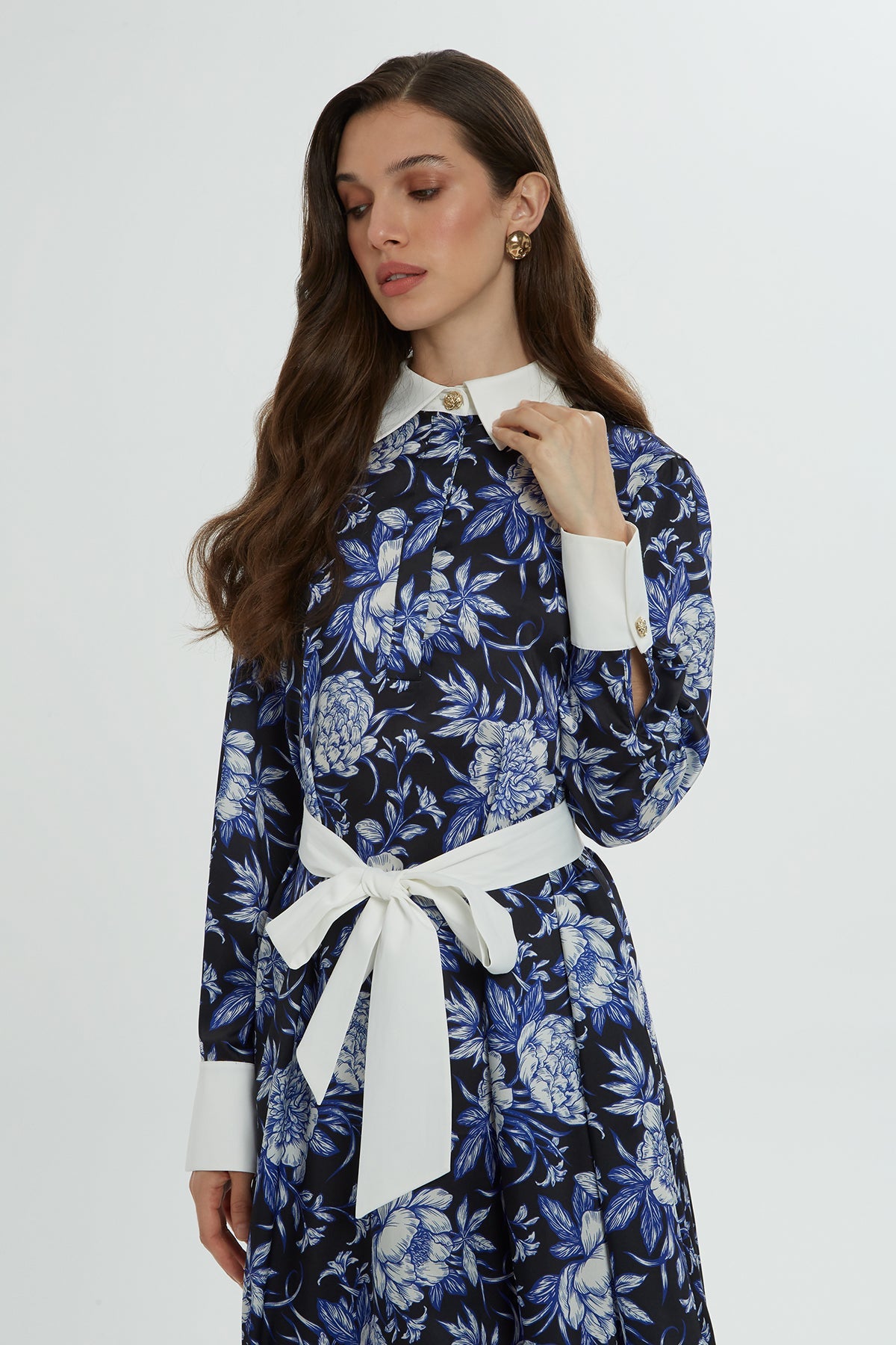 Shirt Collar Patterned Midi  Dress