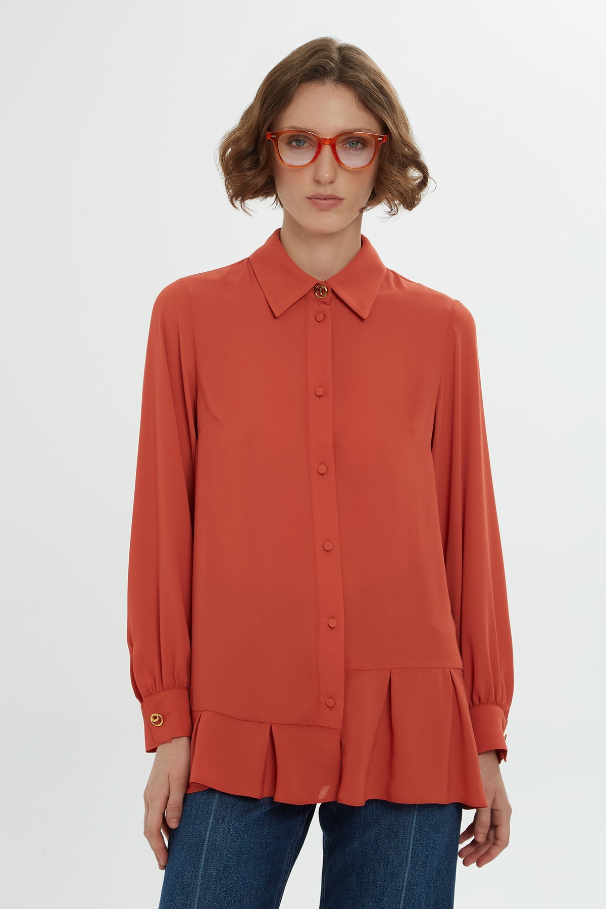 Orange Ruffled-Hem Shirt