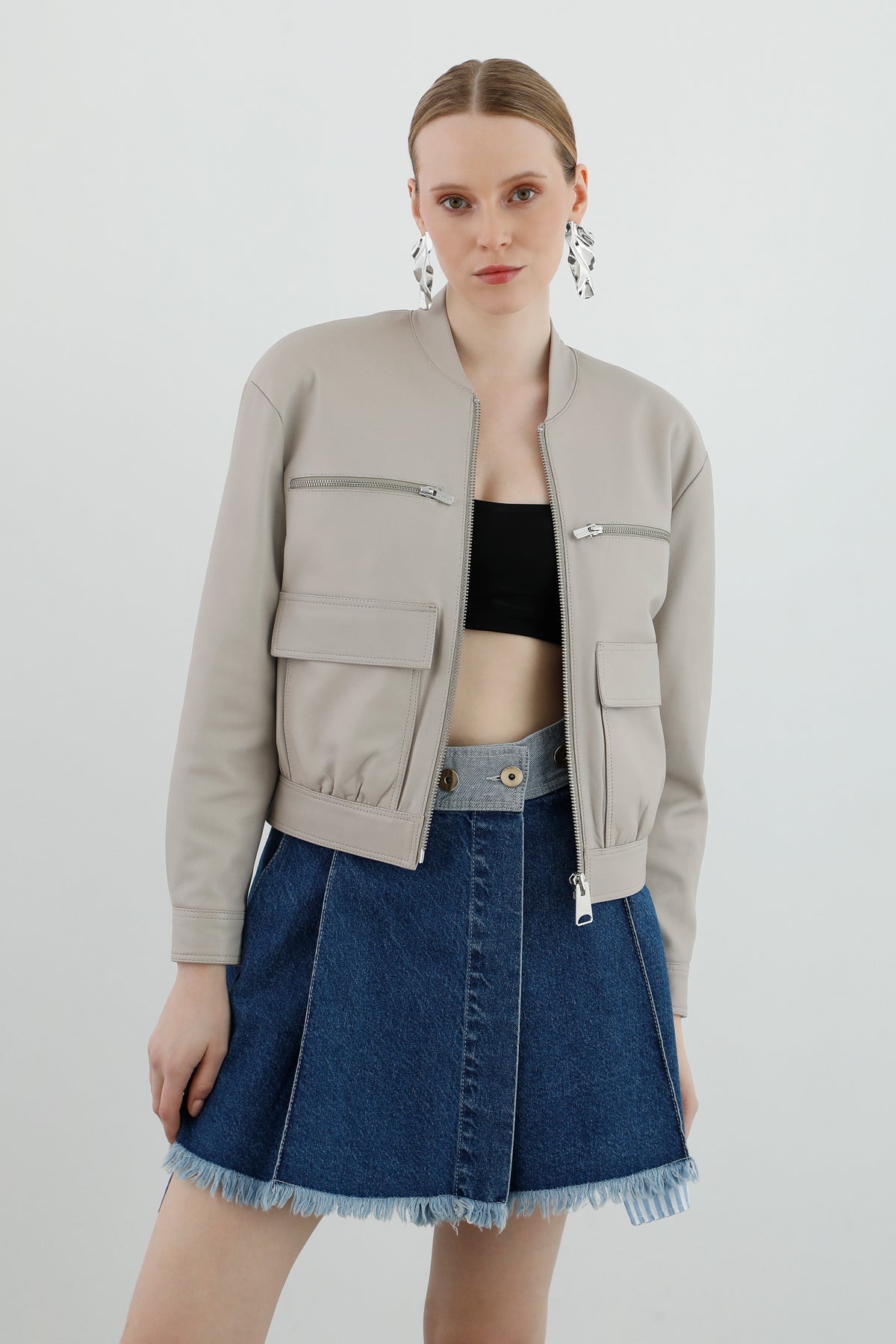 Short Leather Bomber Jacket