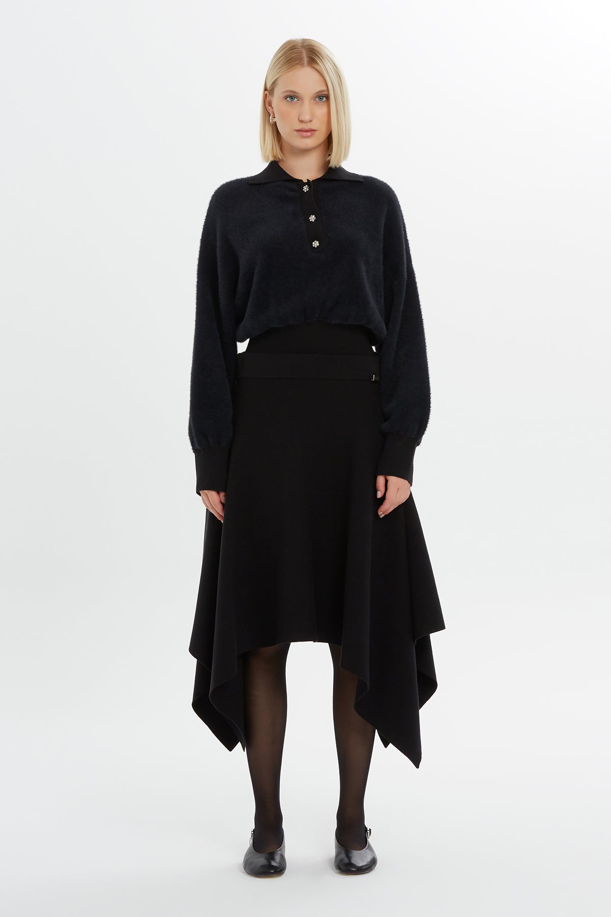Black Asymmetric Knit Midi Skirt
