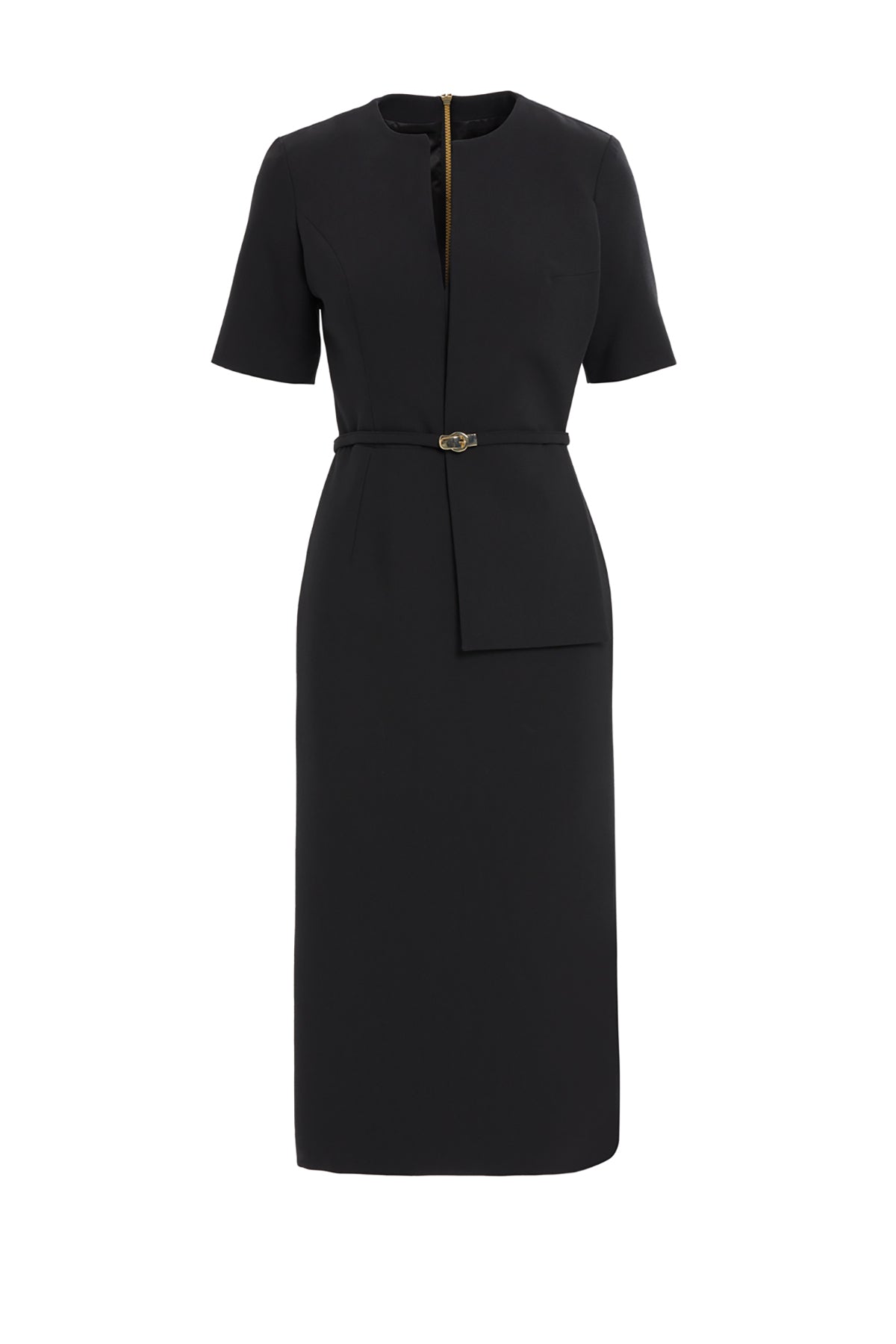 Black Short-Sleeve Belted Midi Dress