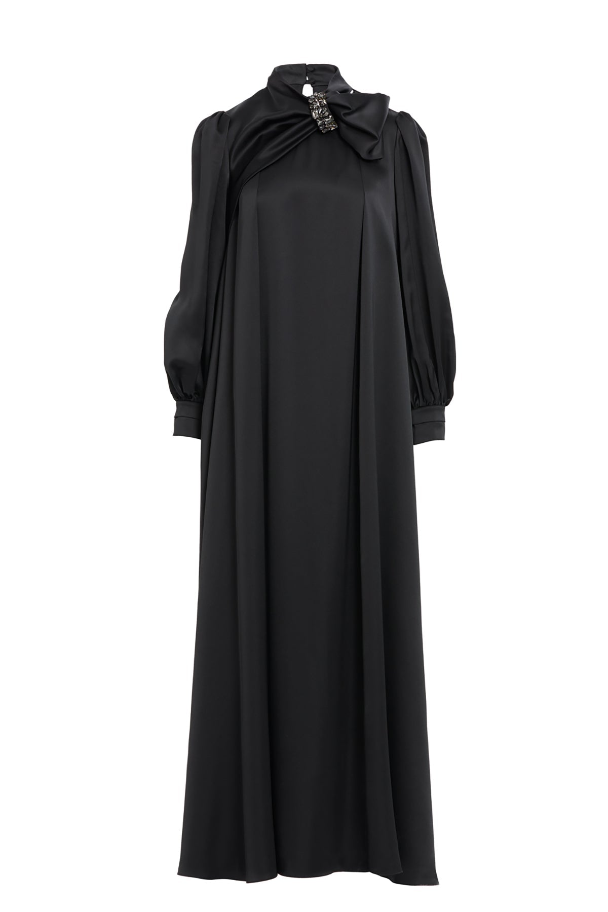 Anthracite Embroidered-Collar Bow-Detail Maxi Dress