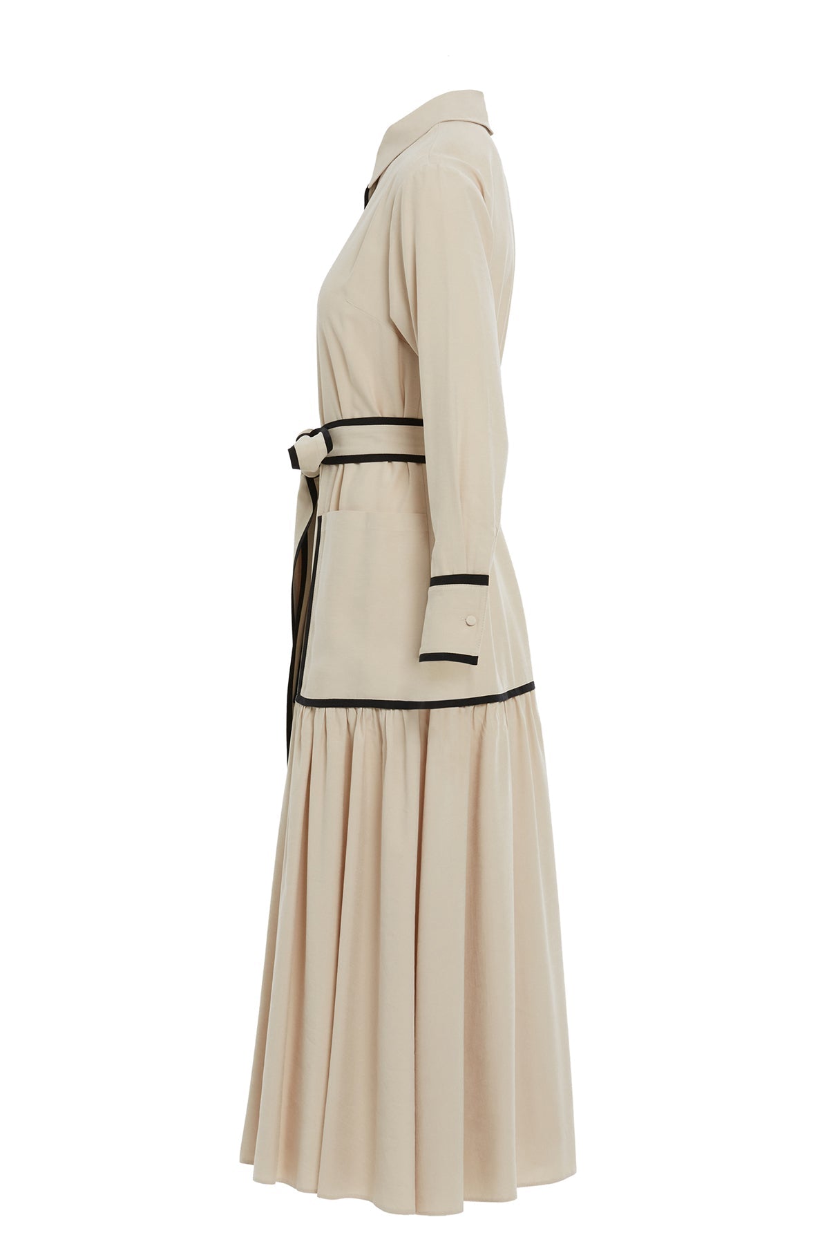 Beige Sash-Detail Pocketed Midi Dress