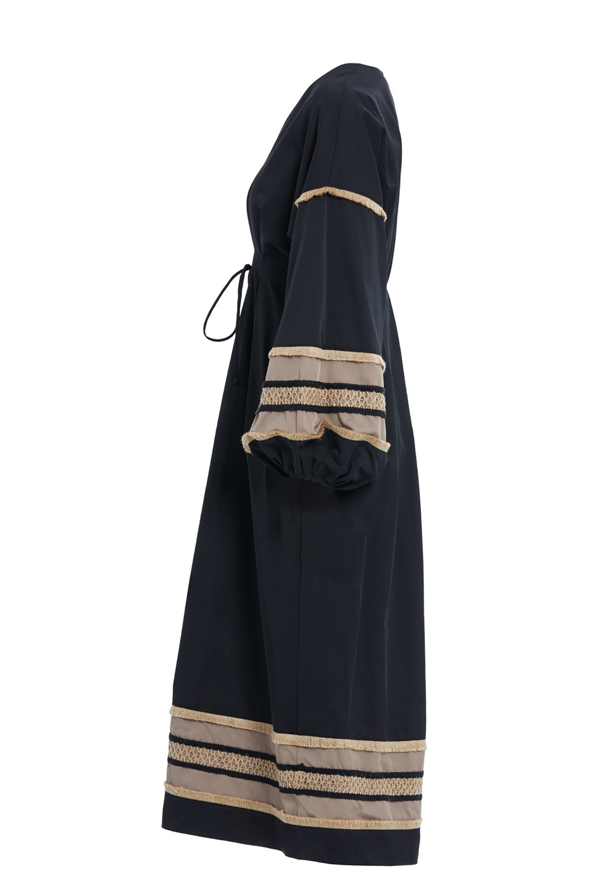 Black Gathered-Sleeve Midi Dress