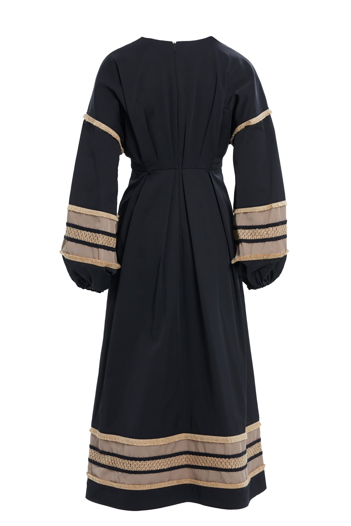 Black Gathered-Sleeve Midi Dress