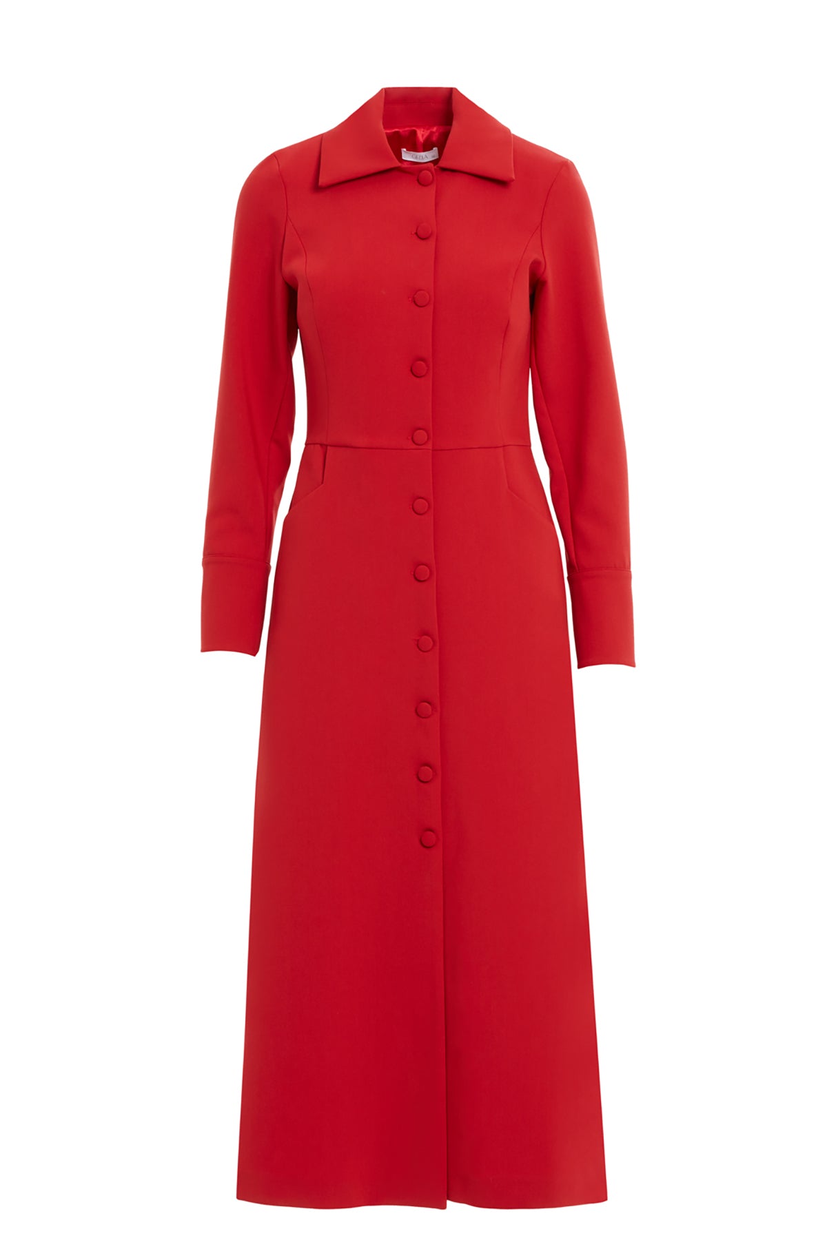 Red Shirt-Collar Midi Dress