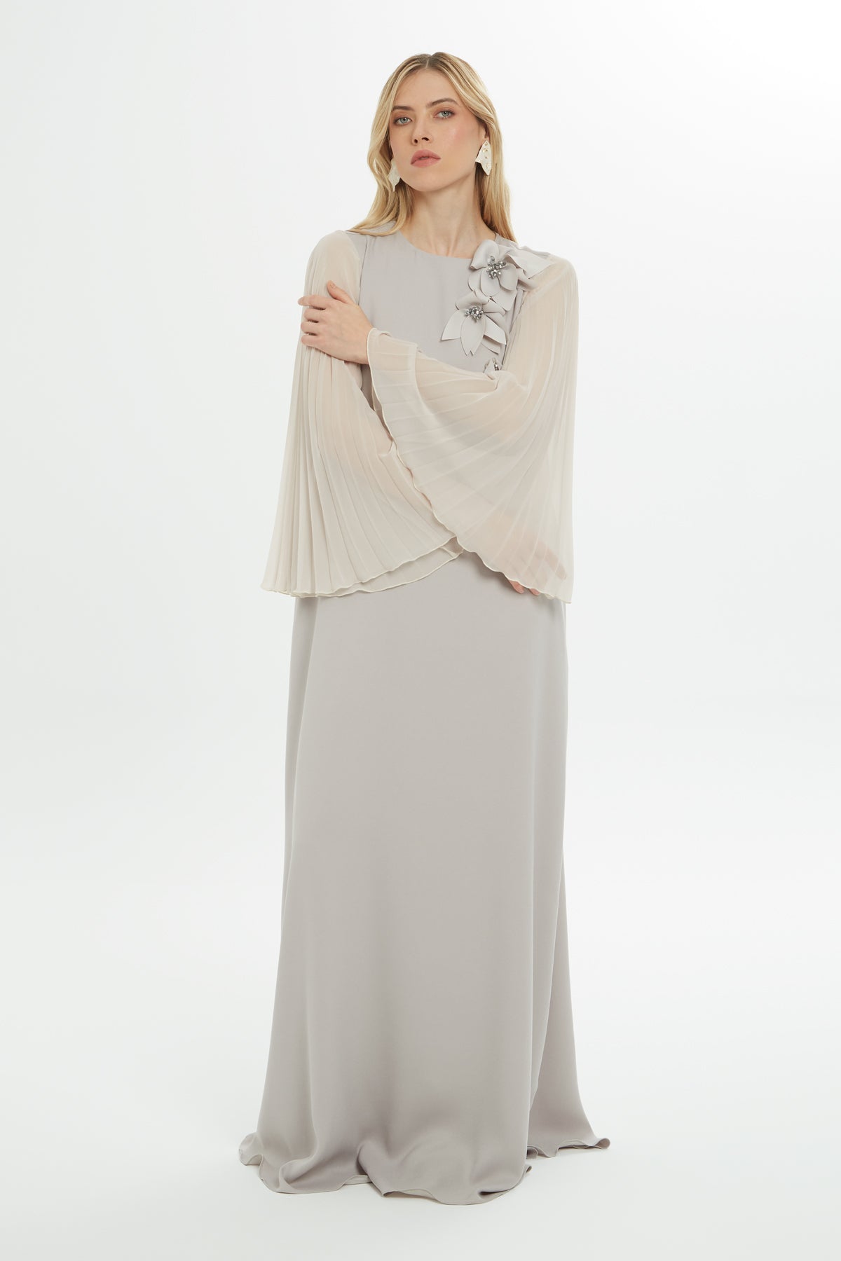 Grey Floral-Detail Maxi Dress