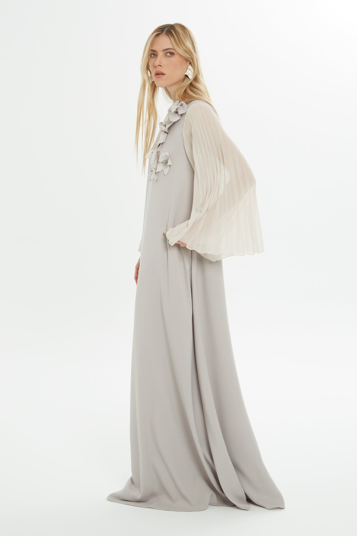 Grey Floral-Detail Maxi Dress