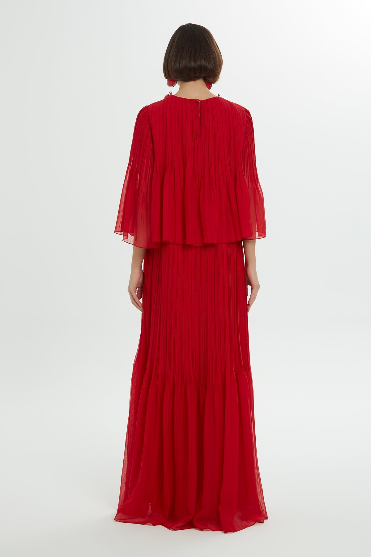 Three-Quarter Sleeve Pleated Long  Dress