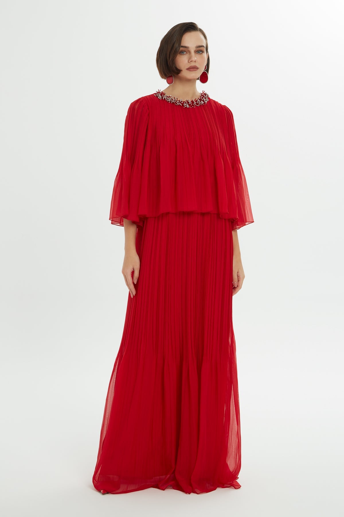 Three-Quarter Sleeve Pleated Long  Dress