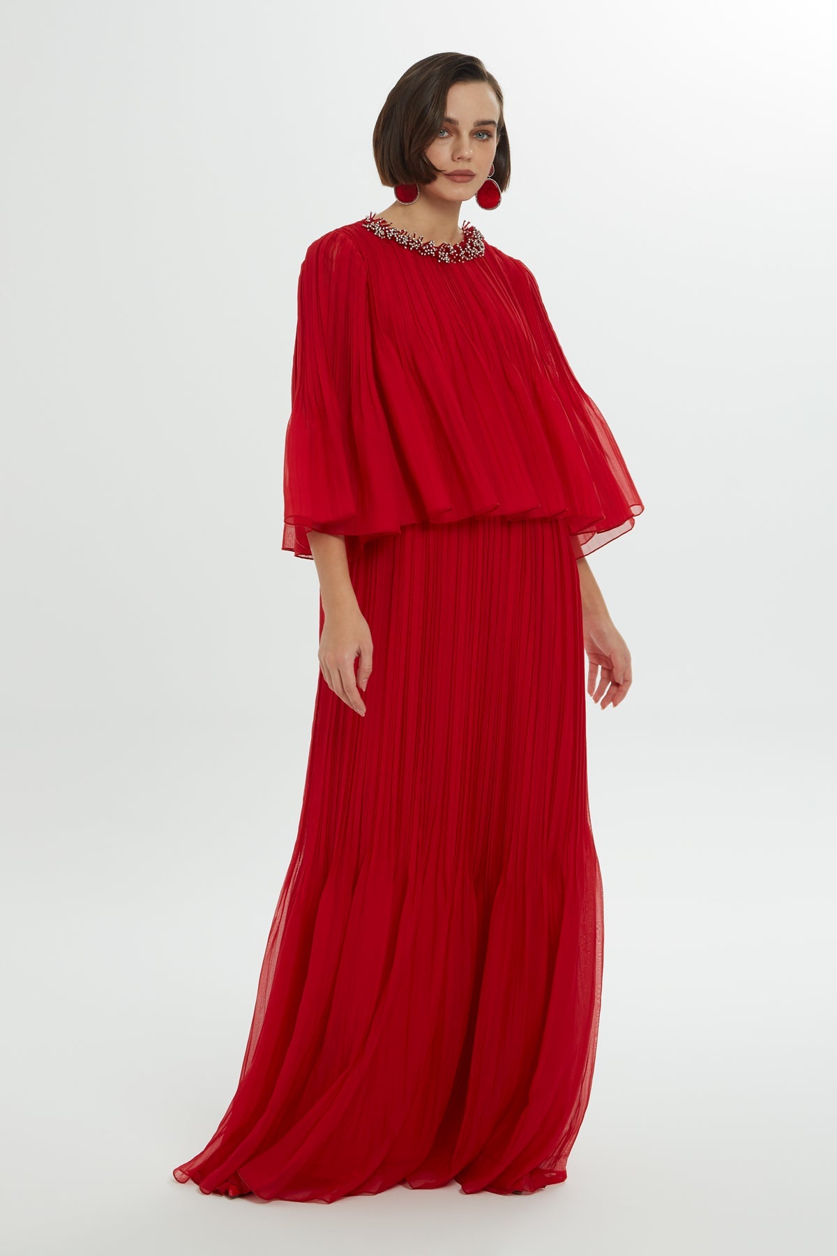 Three-Quarter Sleeve Pleated Long  Dress