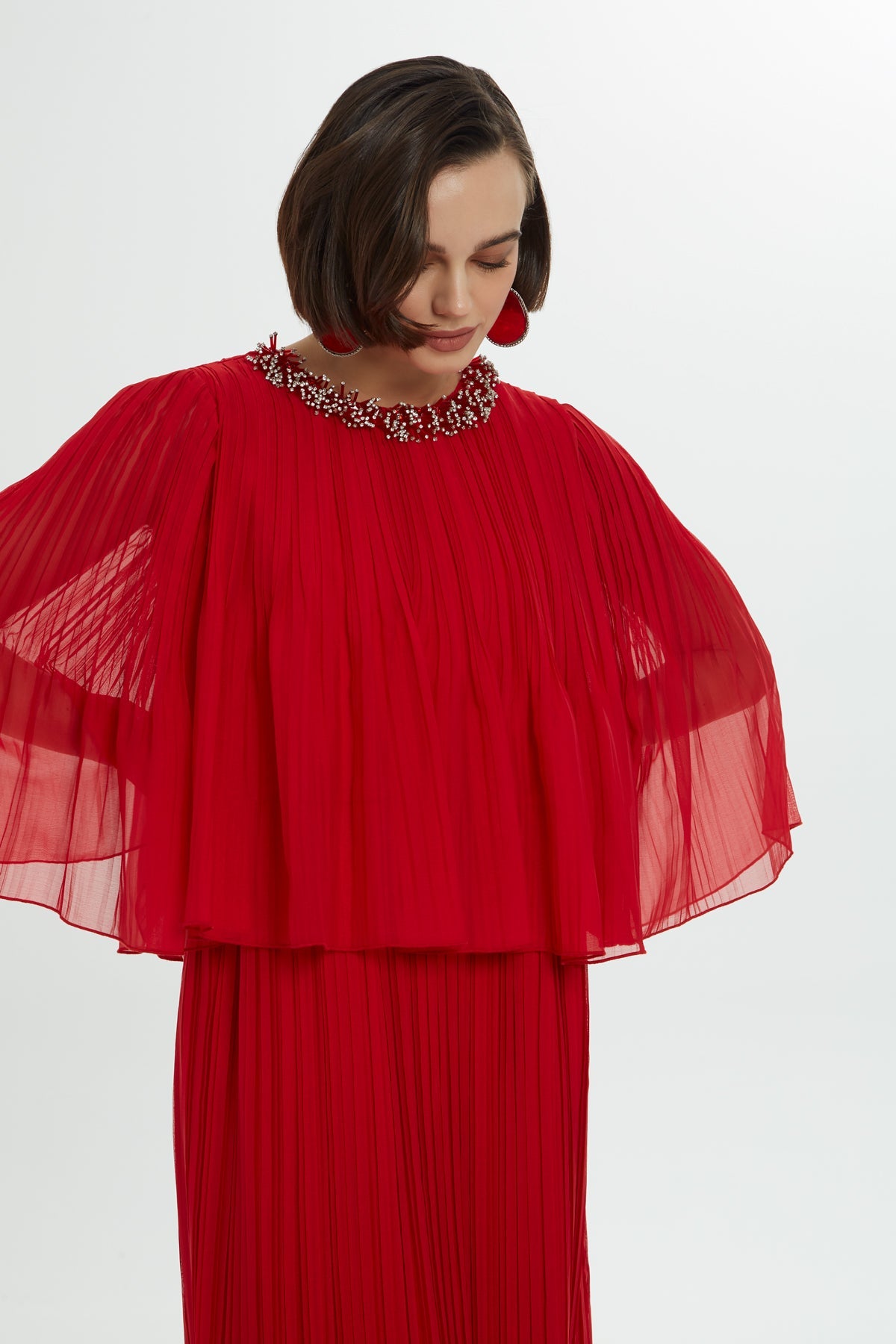 Three-Quarter Sleeve Pleated Long  Dress