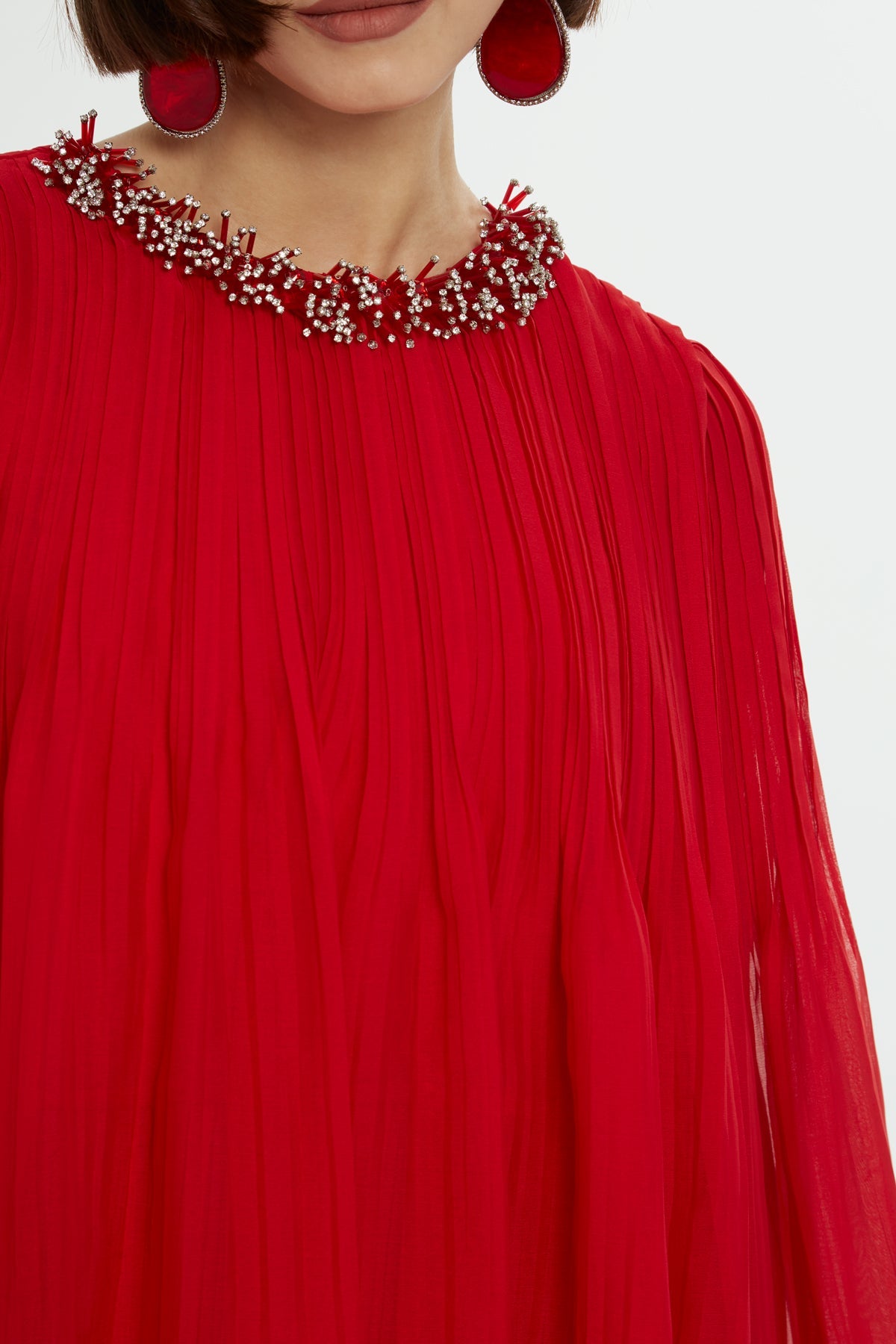 Three-Quarter Sleeve Pleated Long  Dress