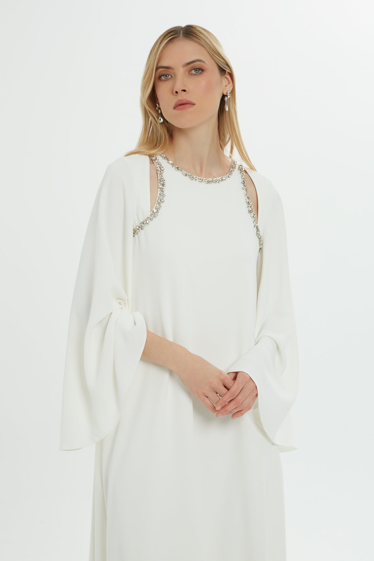 Window Detail Stone Embroide Long Off Dress
