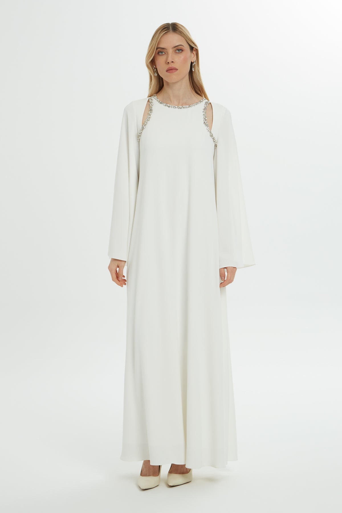 Window Detail Stone Embroide Long Off Dress