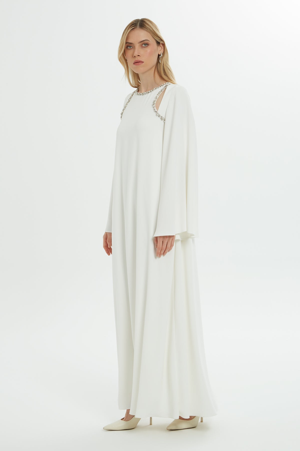 Window Detail Stone Embroide Long Off Dress