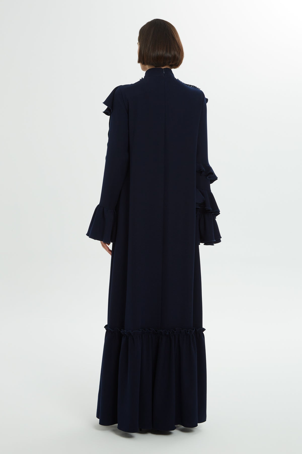 Navy Beaded Ruffle-Detail Long Dress