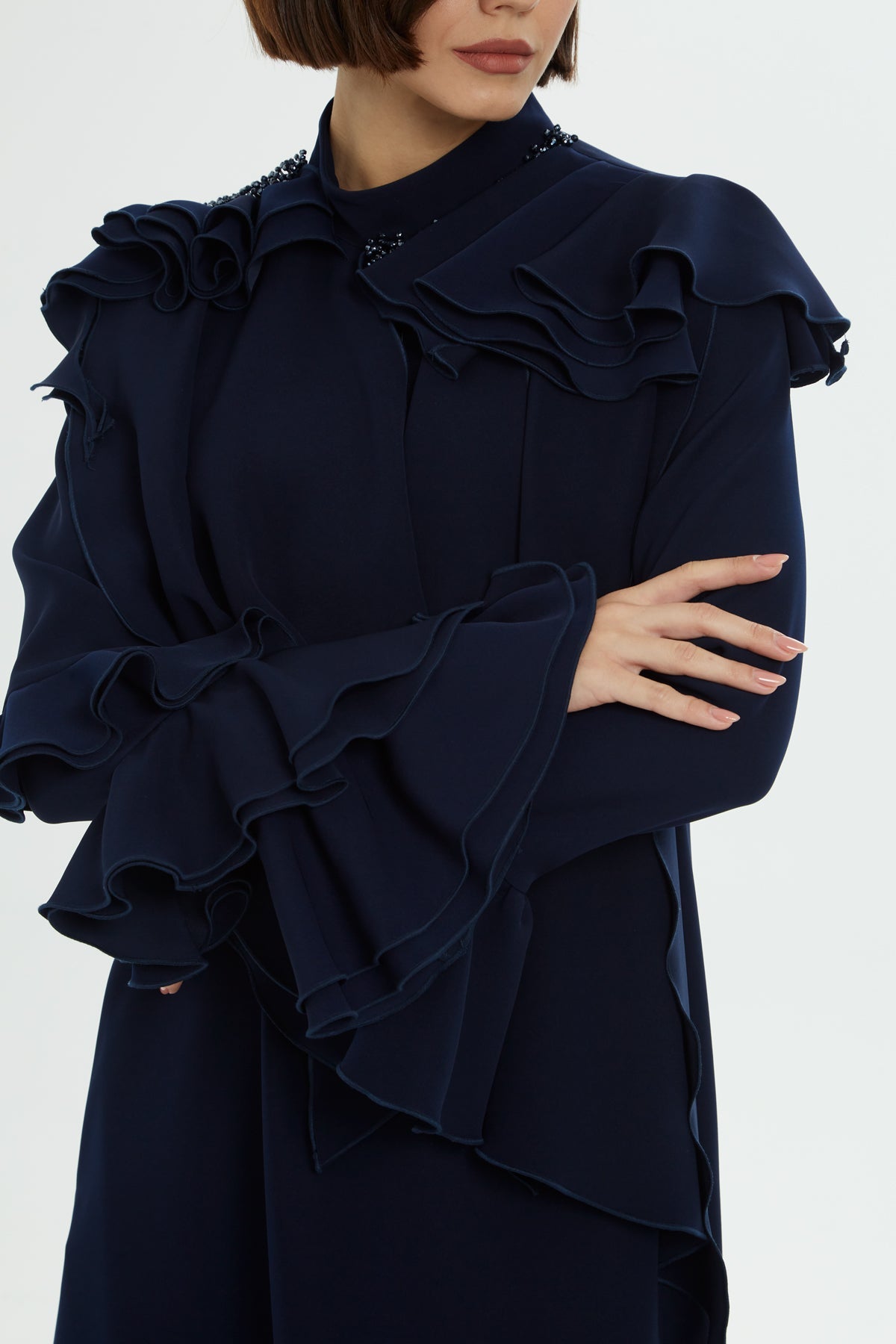 Navy Beaded Ruffle-Detail Long Dress