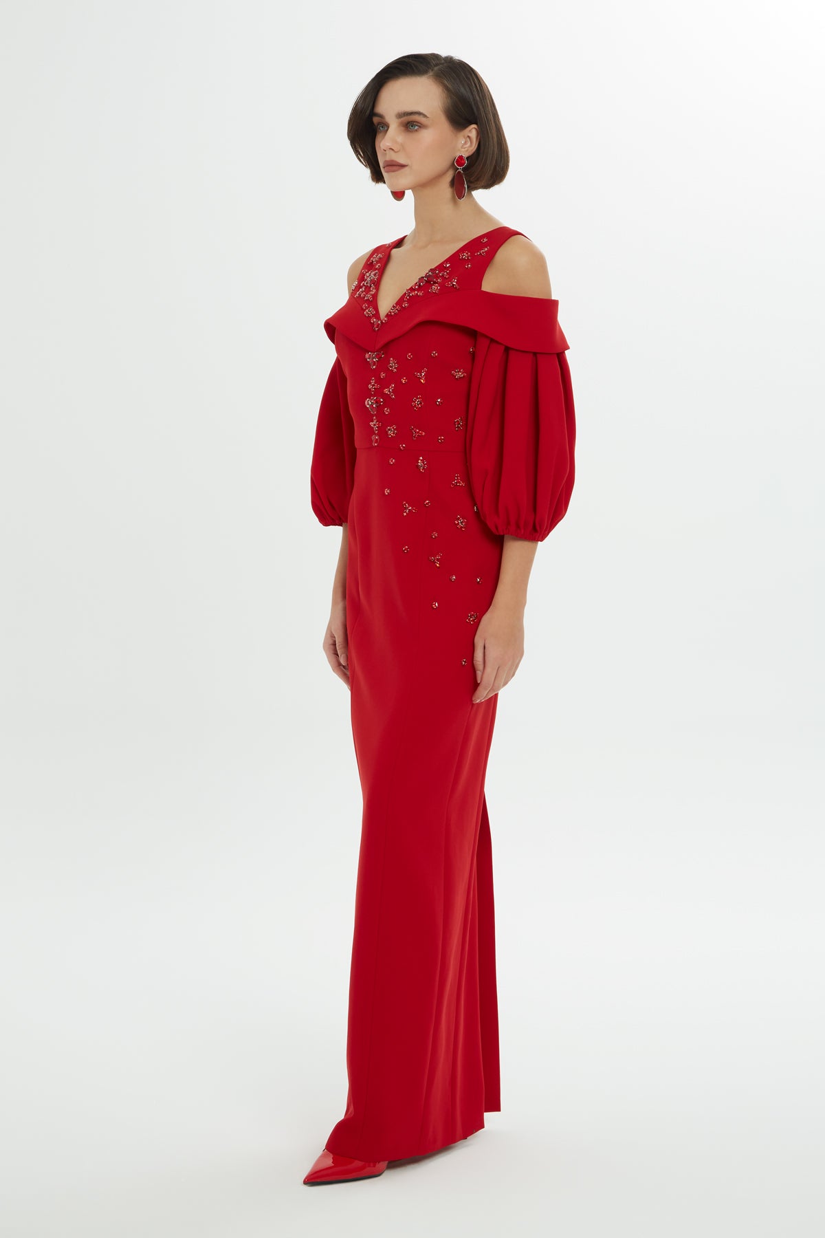 Red Long Dress with Balloon Sleeves