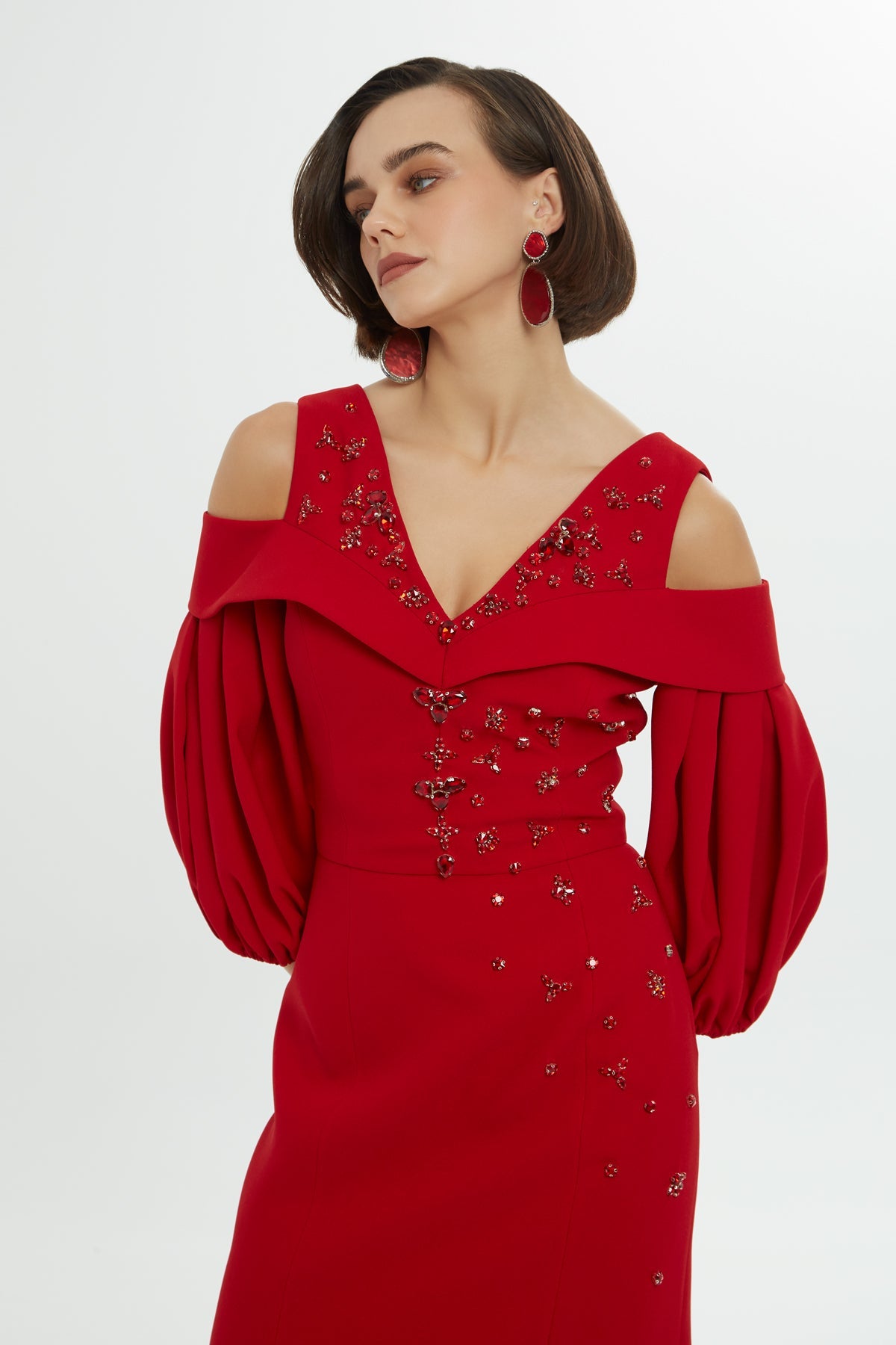 Red Long Dress with Balloon Sleeves