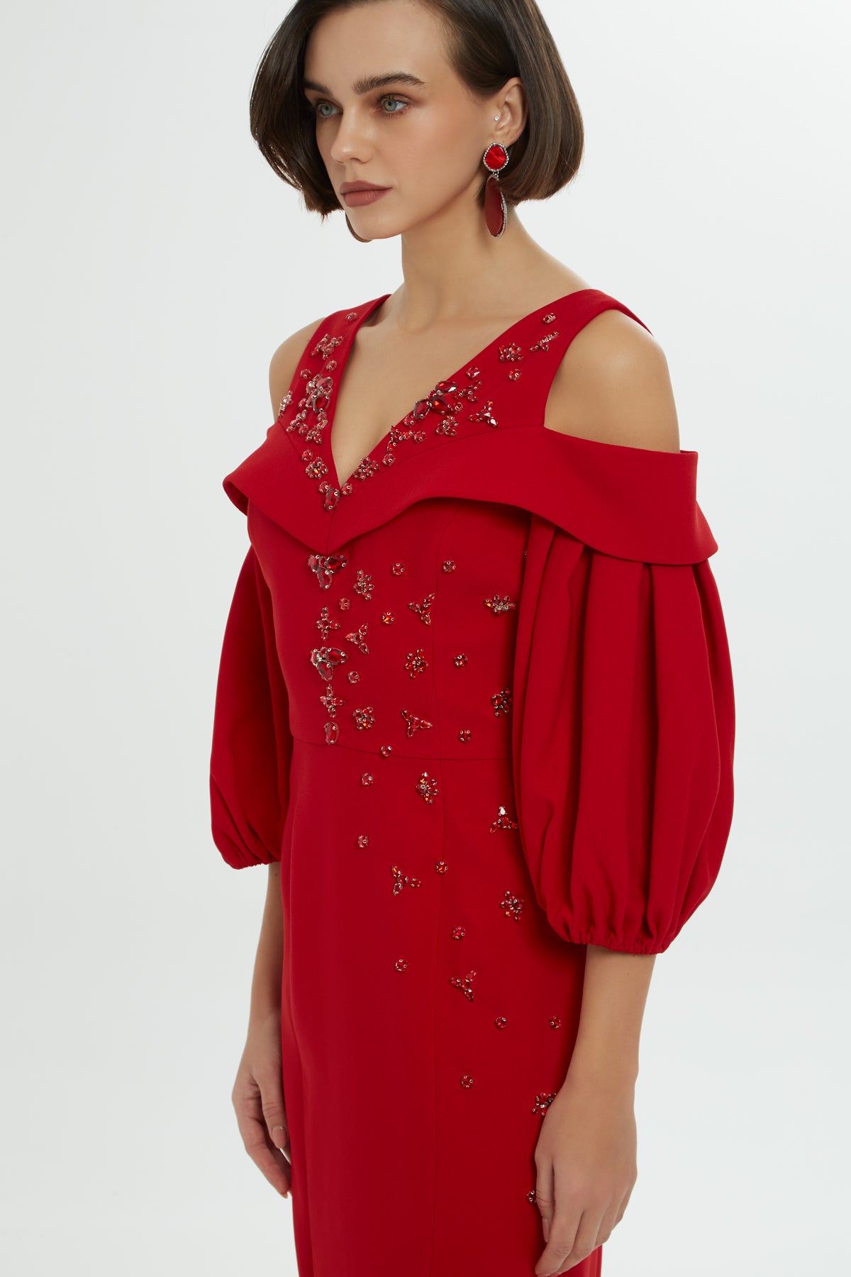 Red Long Dress with Balloon Sleeves