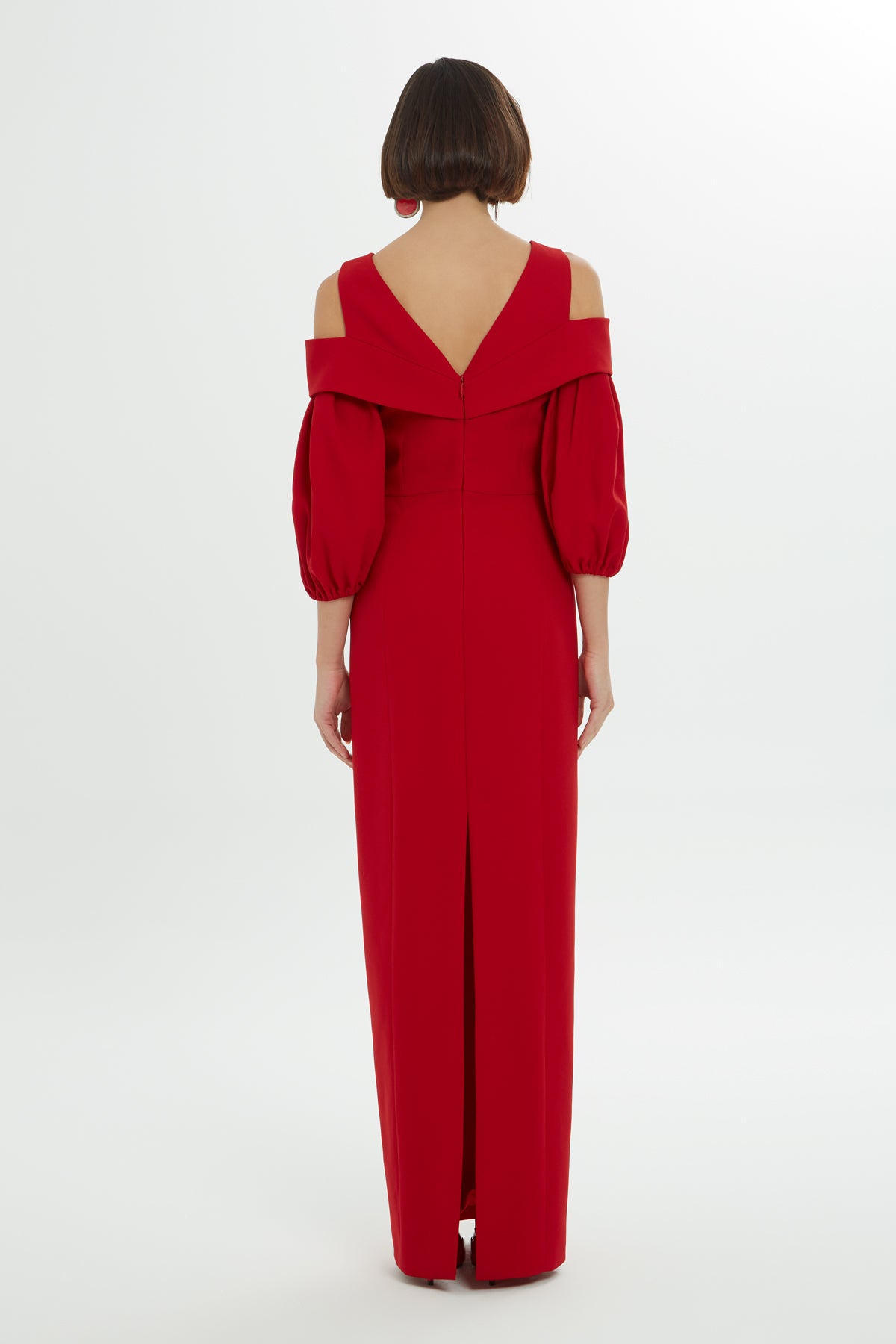 Red Long Dress with Balloon Sleeves